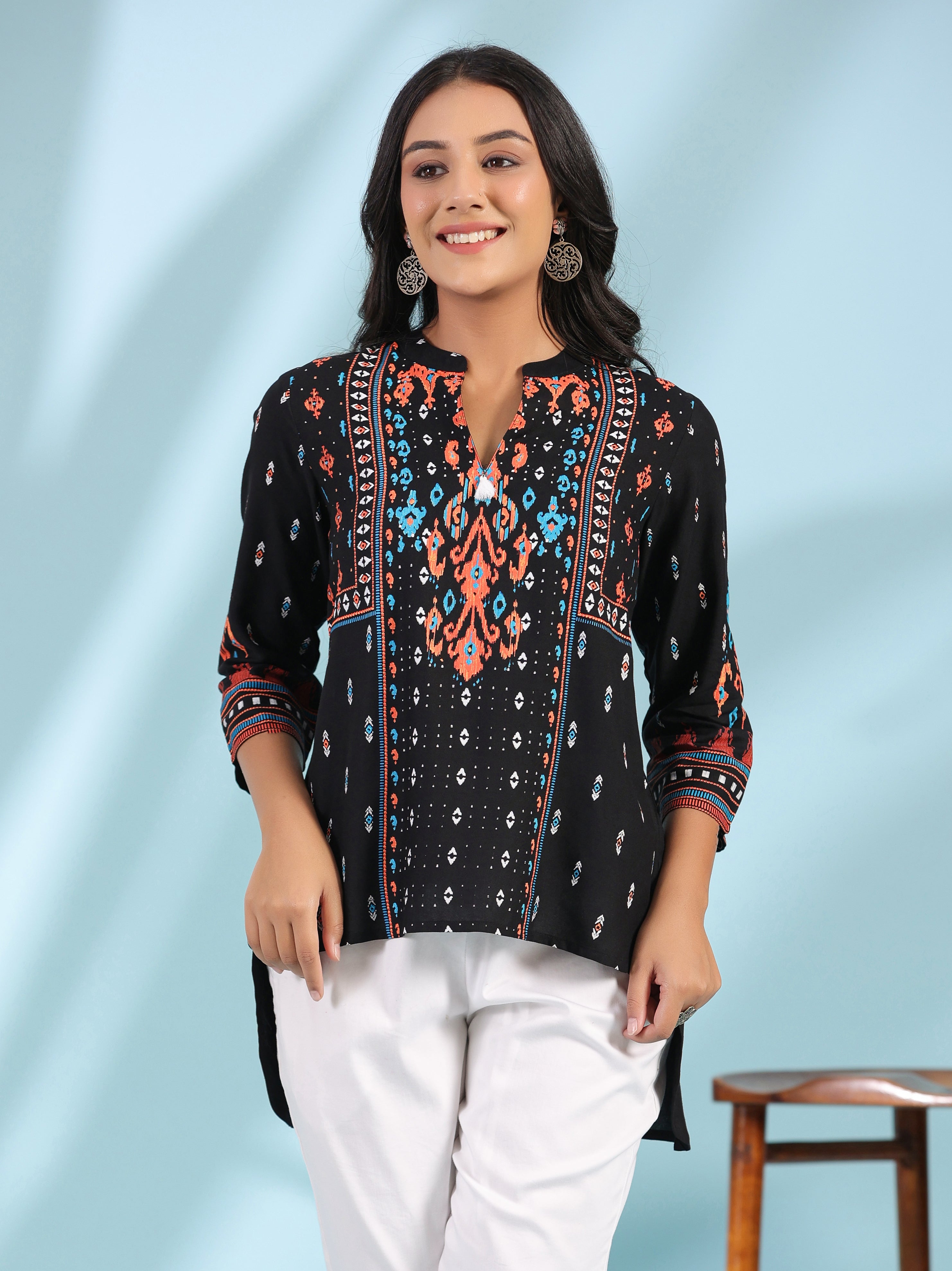 Juniper Black Rayon Ikat Placement Printed High-Low Tunic With Side Slits & Tassels