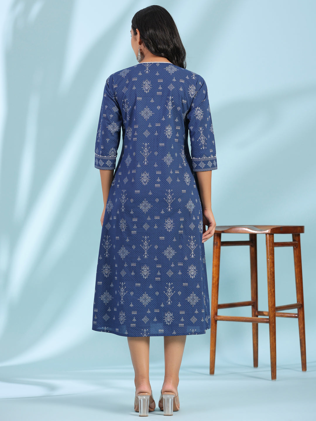 Cotton Cambric Blue Printed Midi Dress