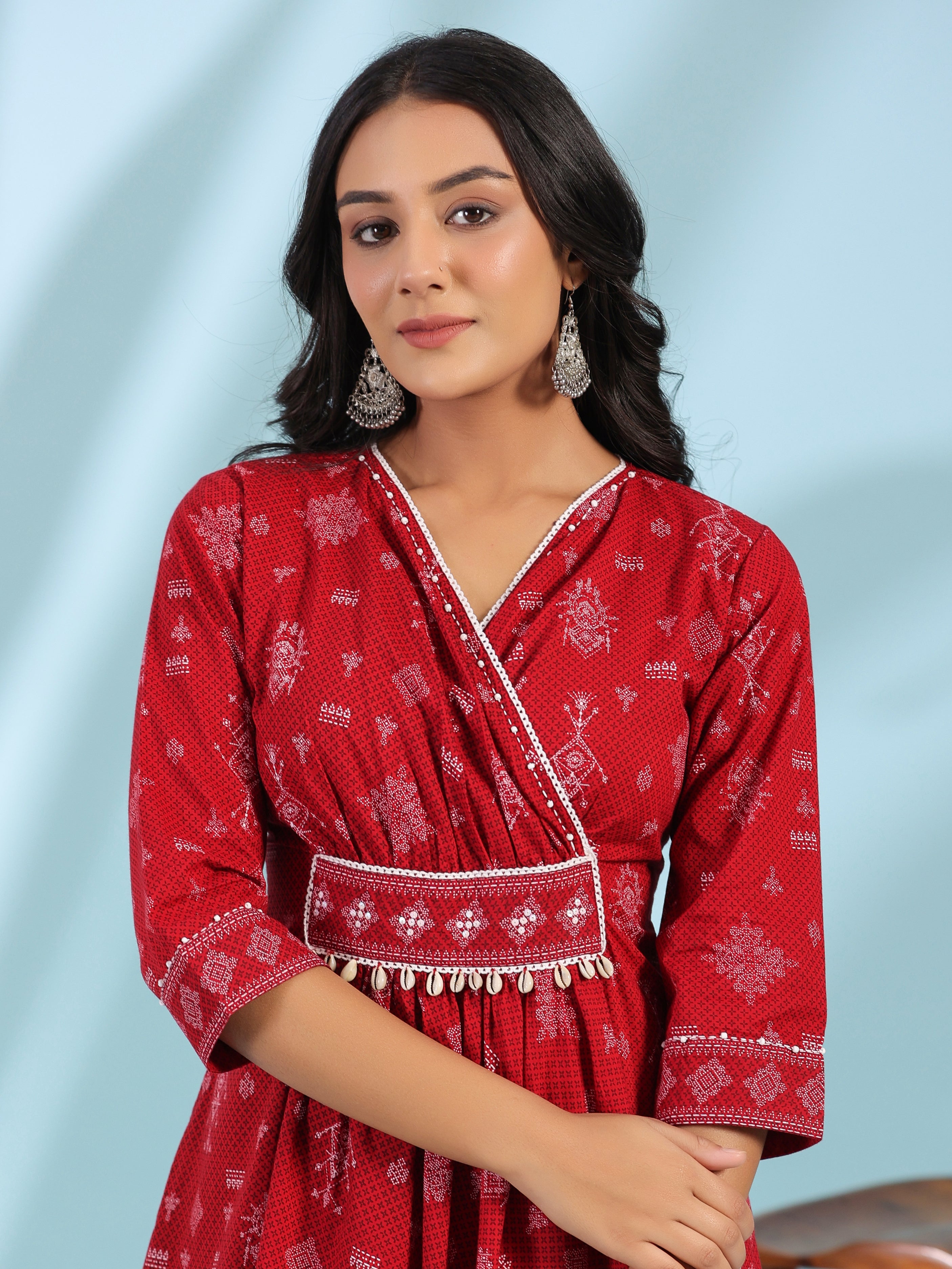 Juniper Women Red Cotton Cambric Printed Dress