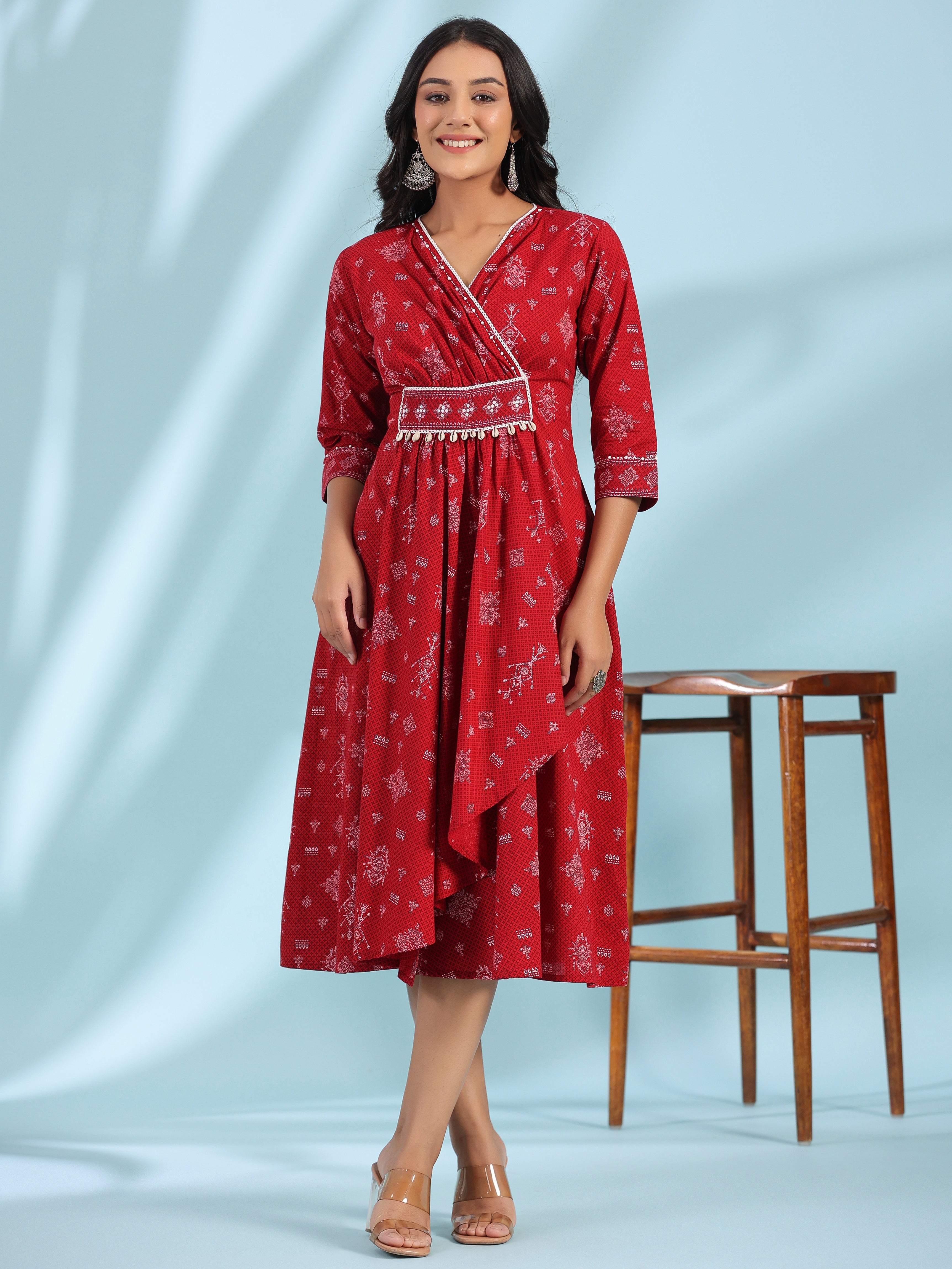Juniper Women Red Cotton Cambric Printed Dress