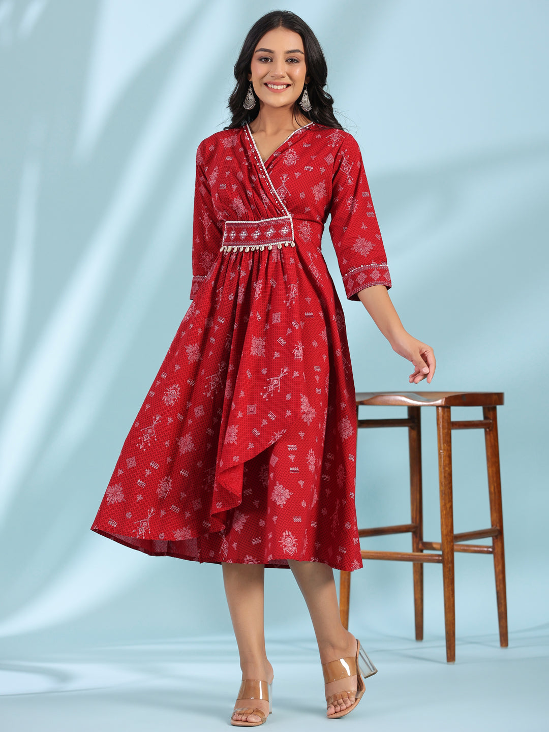 Juniper  Red Geometric Printed Pure Cotton Midi Dress With Lace Work