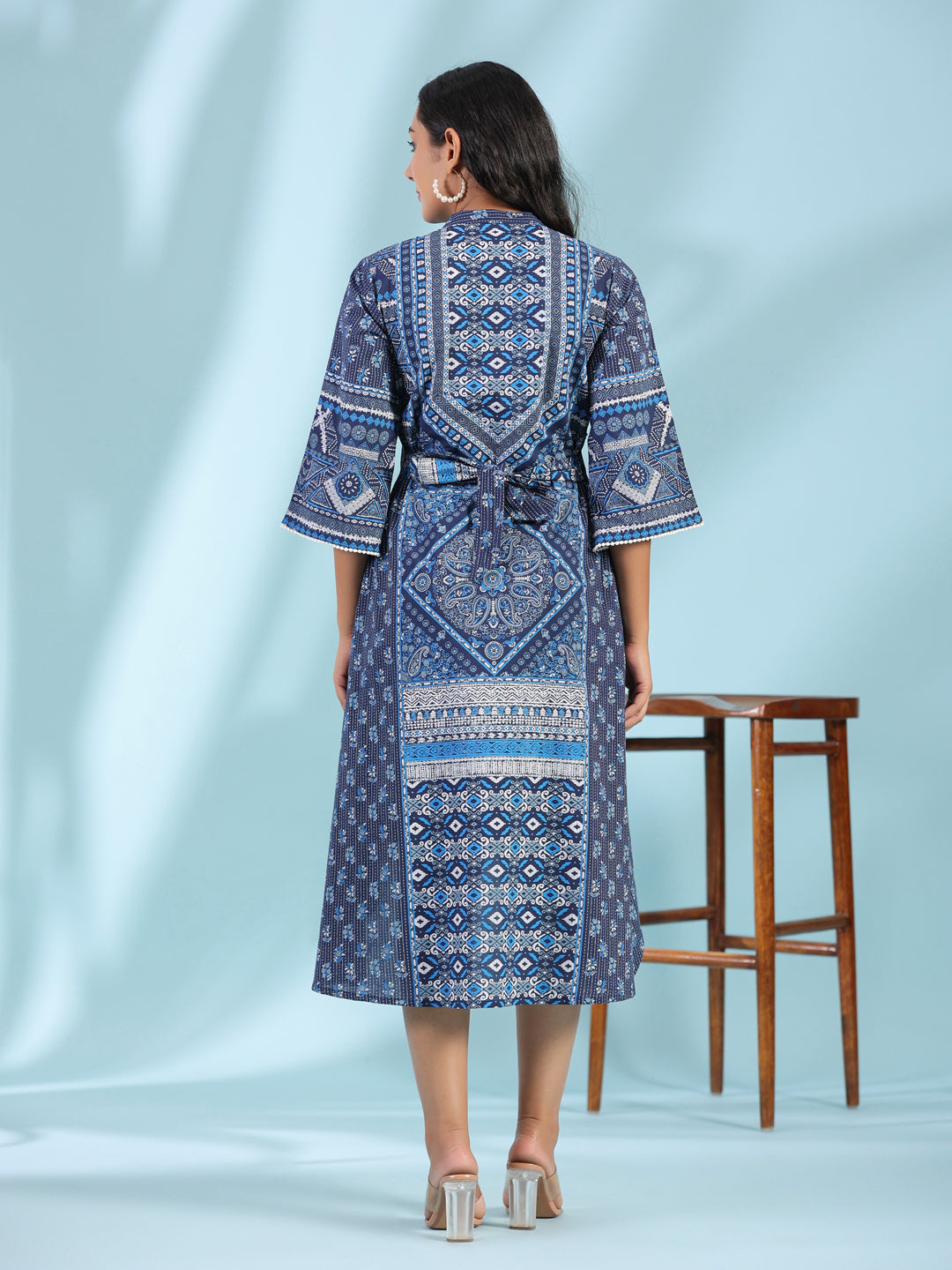 Blue Cotton Cambric Printed Asymmetric Midi Dress