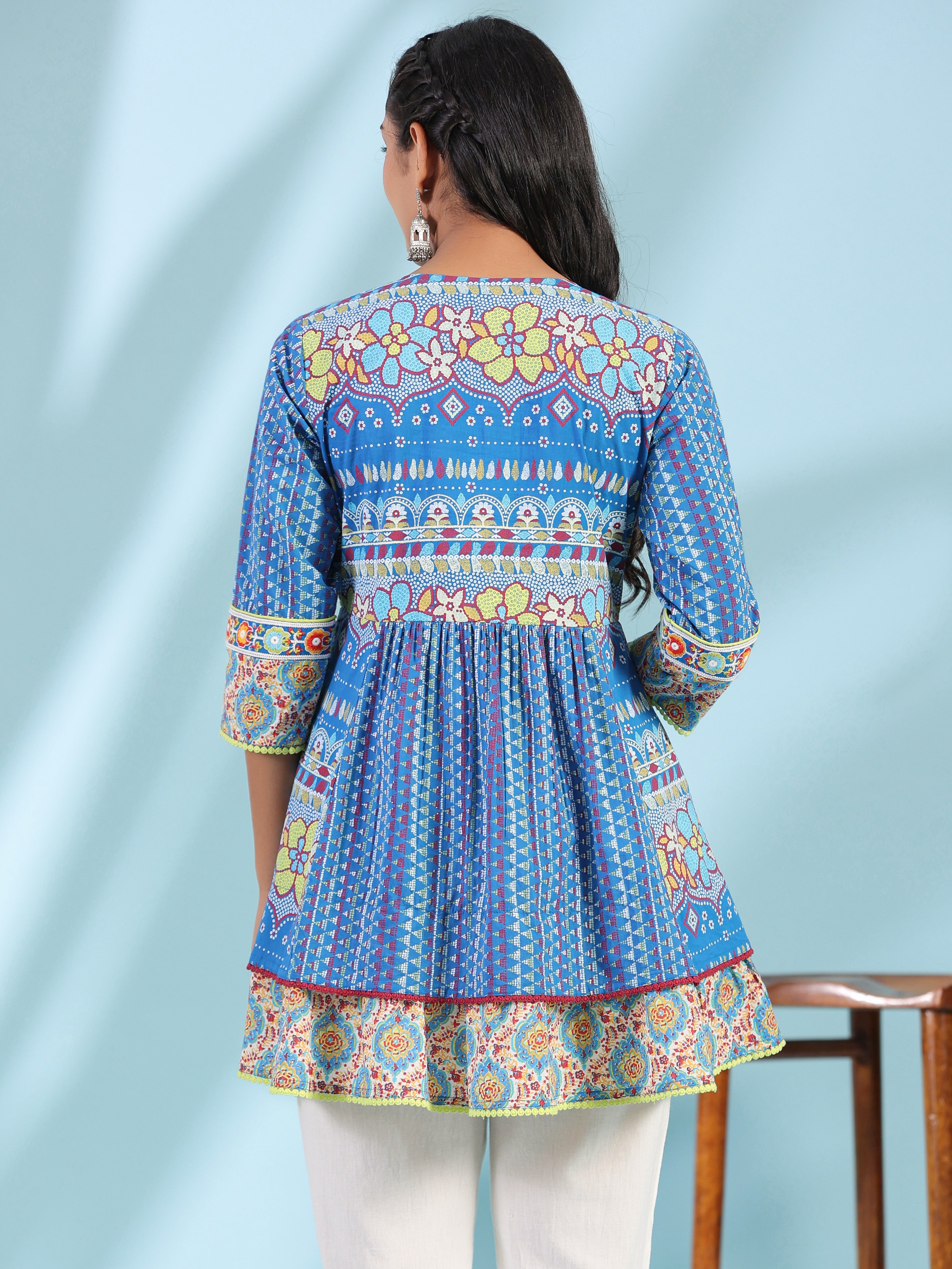 Juniper Women Blue Cotton Cambric Print with Embroidery Peplum Tunic