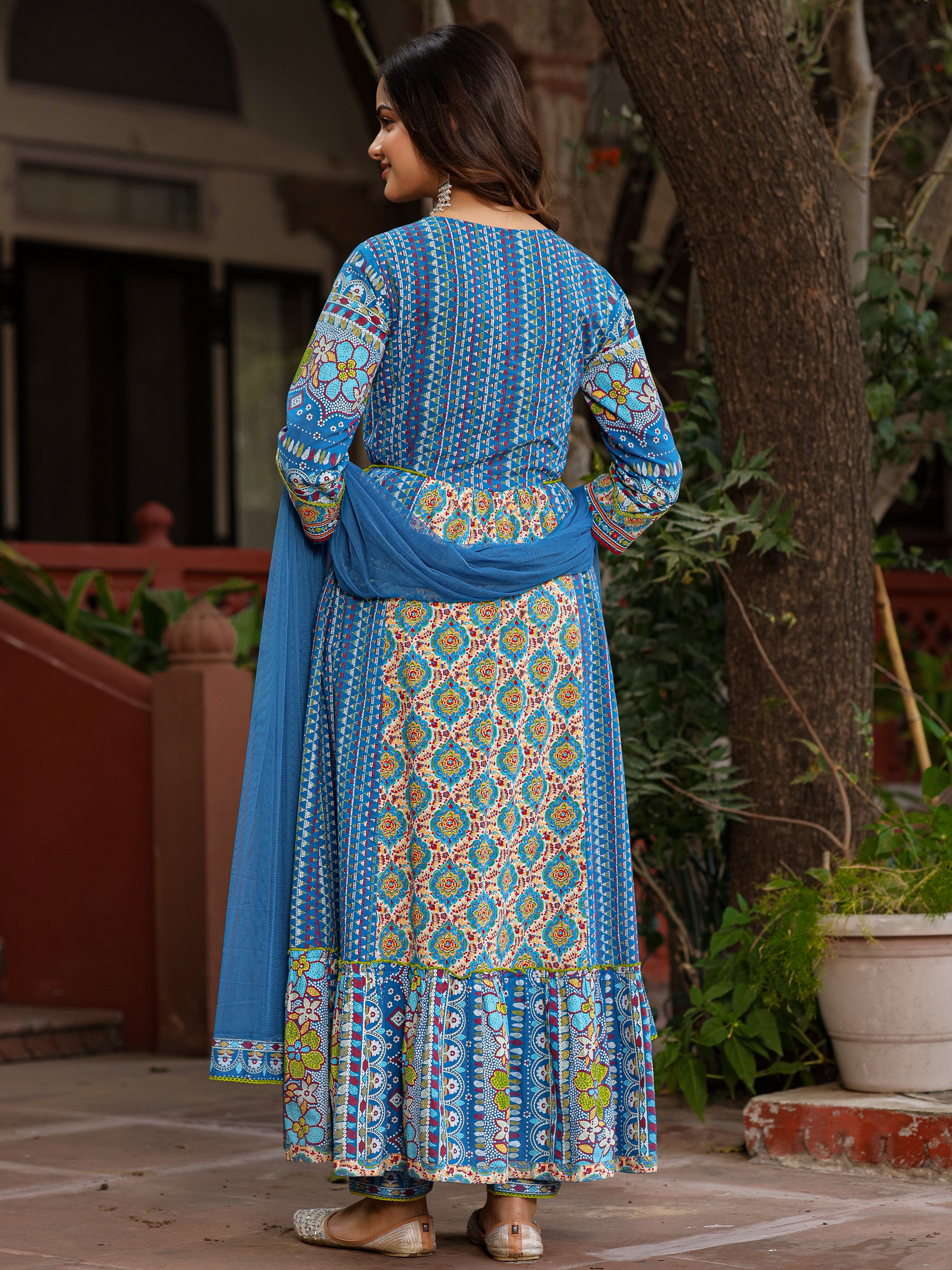 Blue Cotton Cambric & Net Floral Print with Embroidery Anarkali Kurta Set