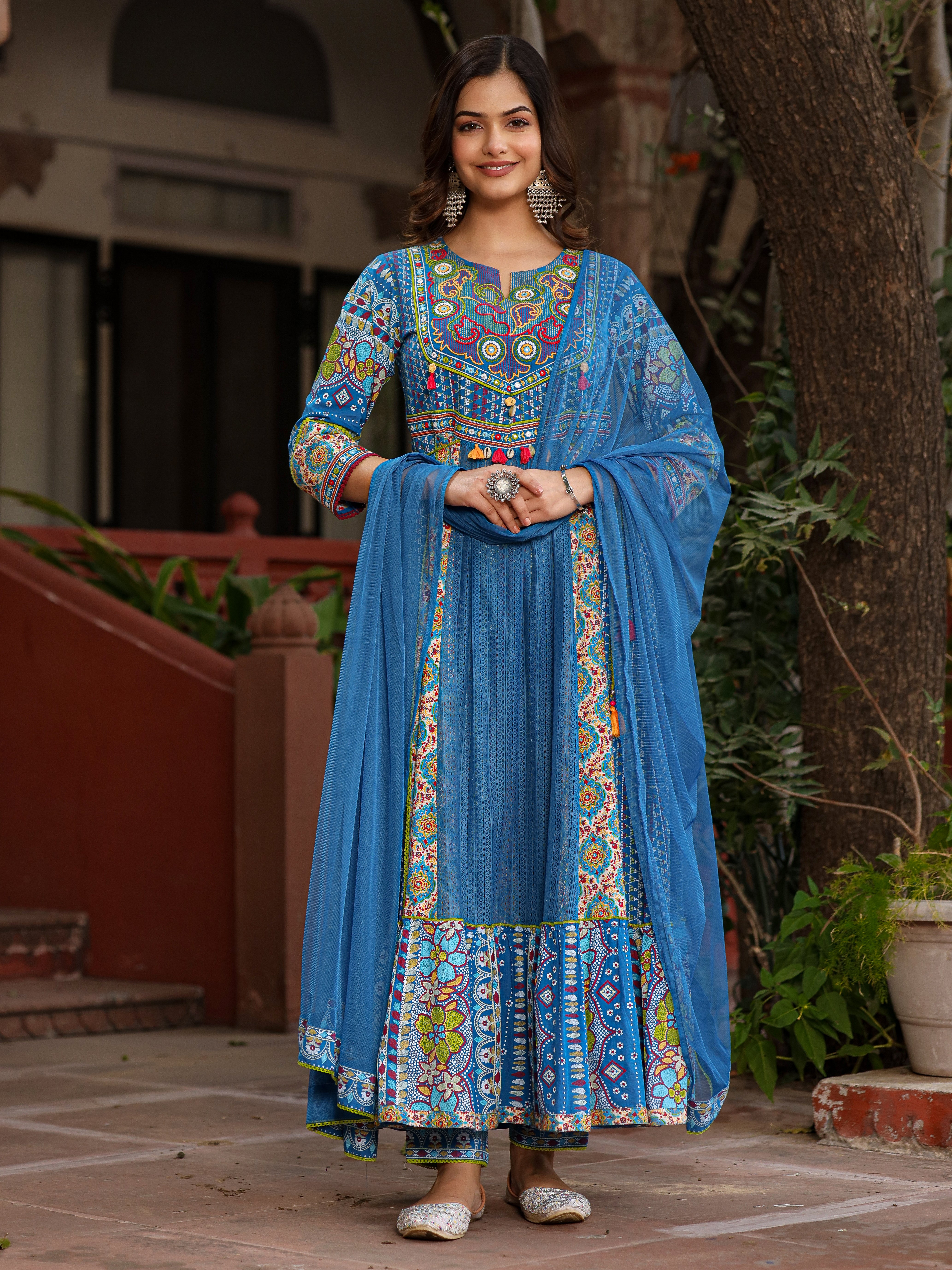 Juniper Blue Floral Printed Pure Cotton Anarkali Kurta Pants & Dupatta Set With Thread Work