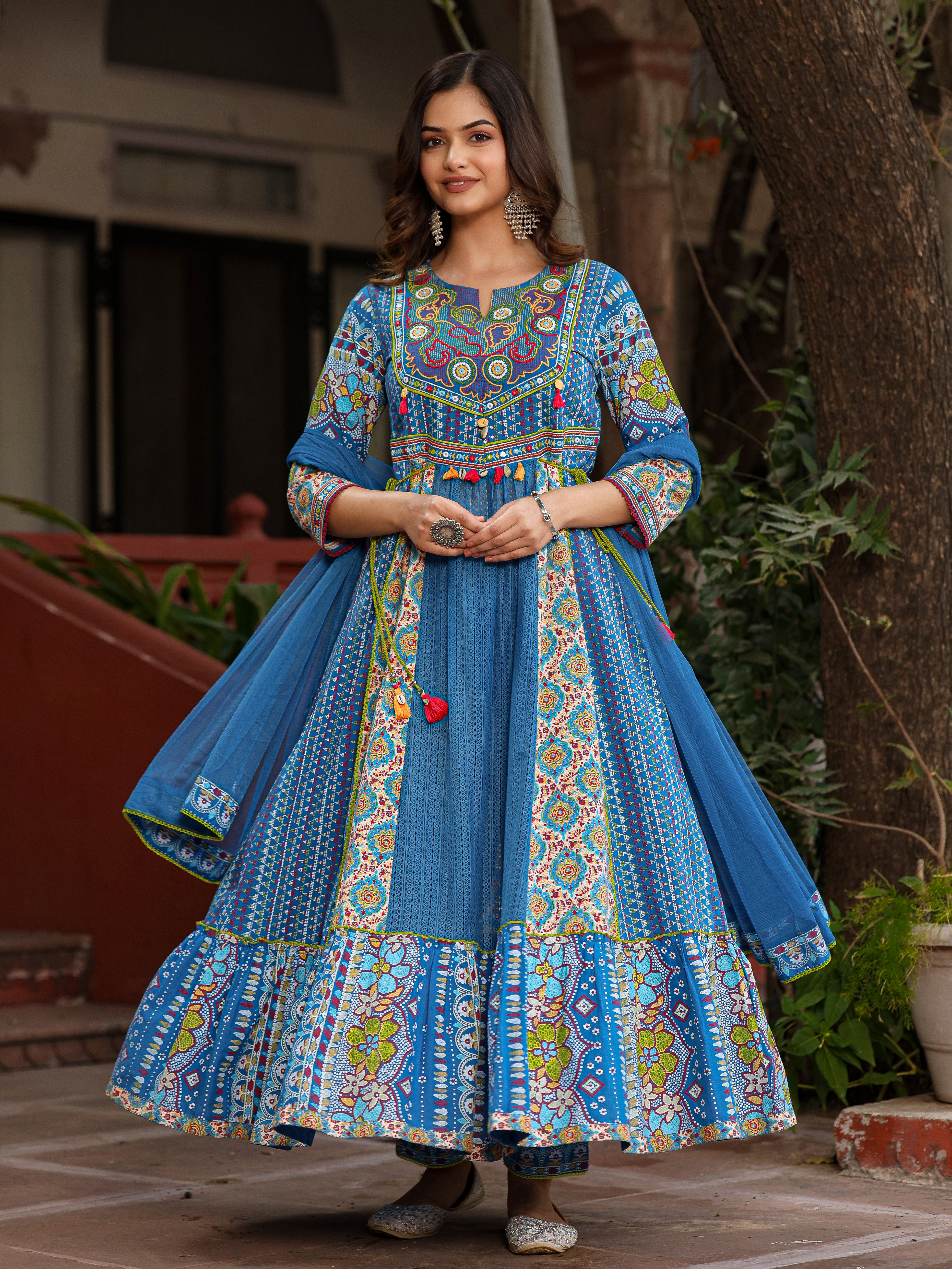 Juniper Blue Floral Printed Pure Cotton Anarkali Kurta Pants & Dupatta Set With Thread Work