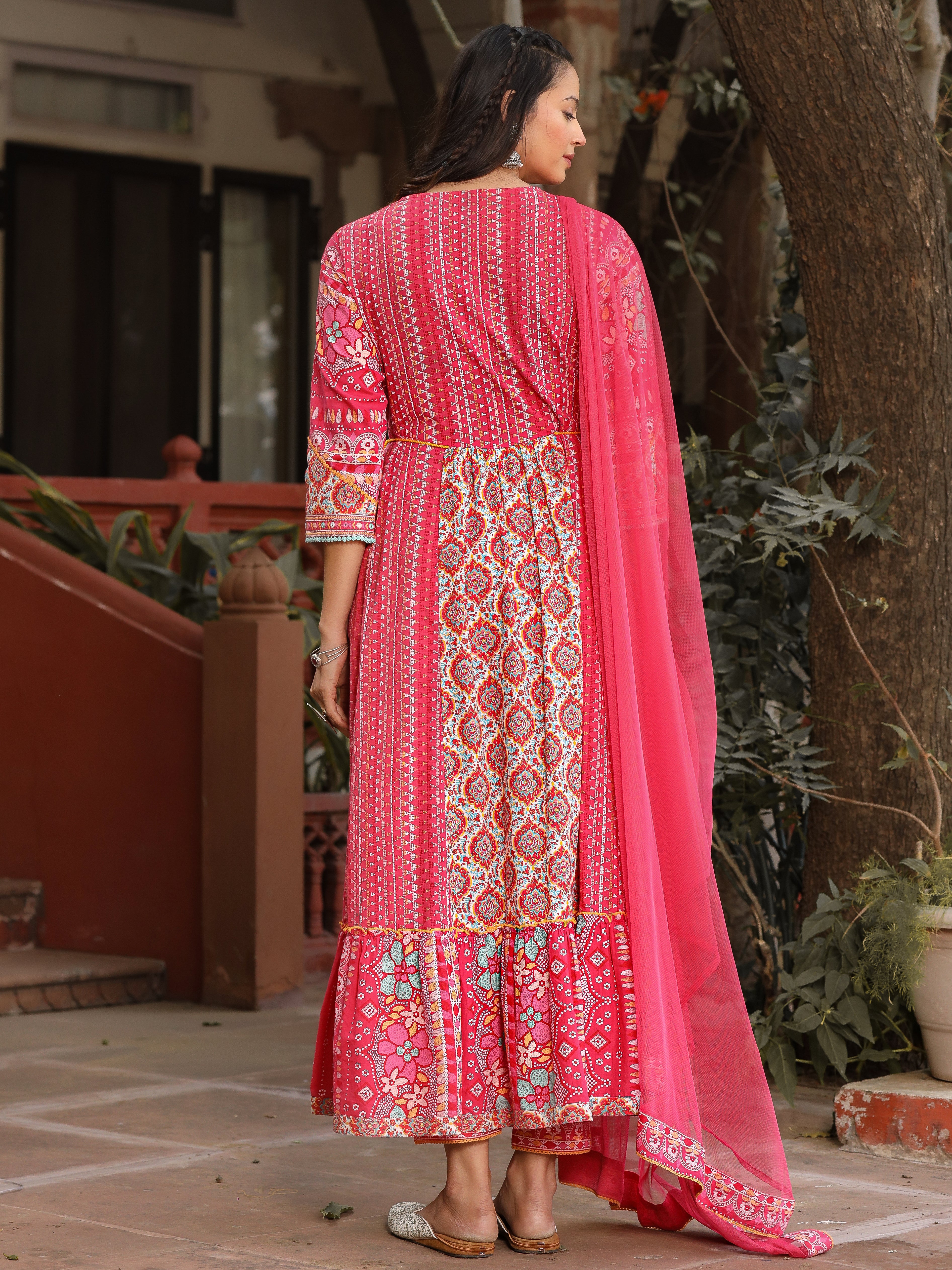 Juniper Pink Floral Printed Pure Cotton Anarkali Kurta Pants & Dupatta Set With Thread Work