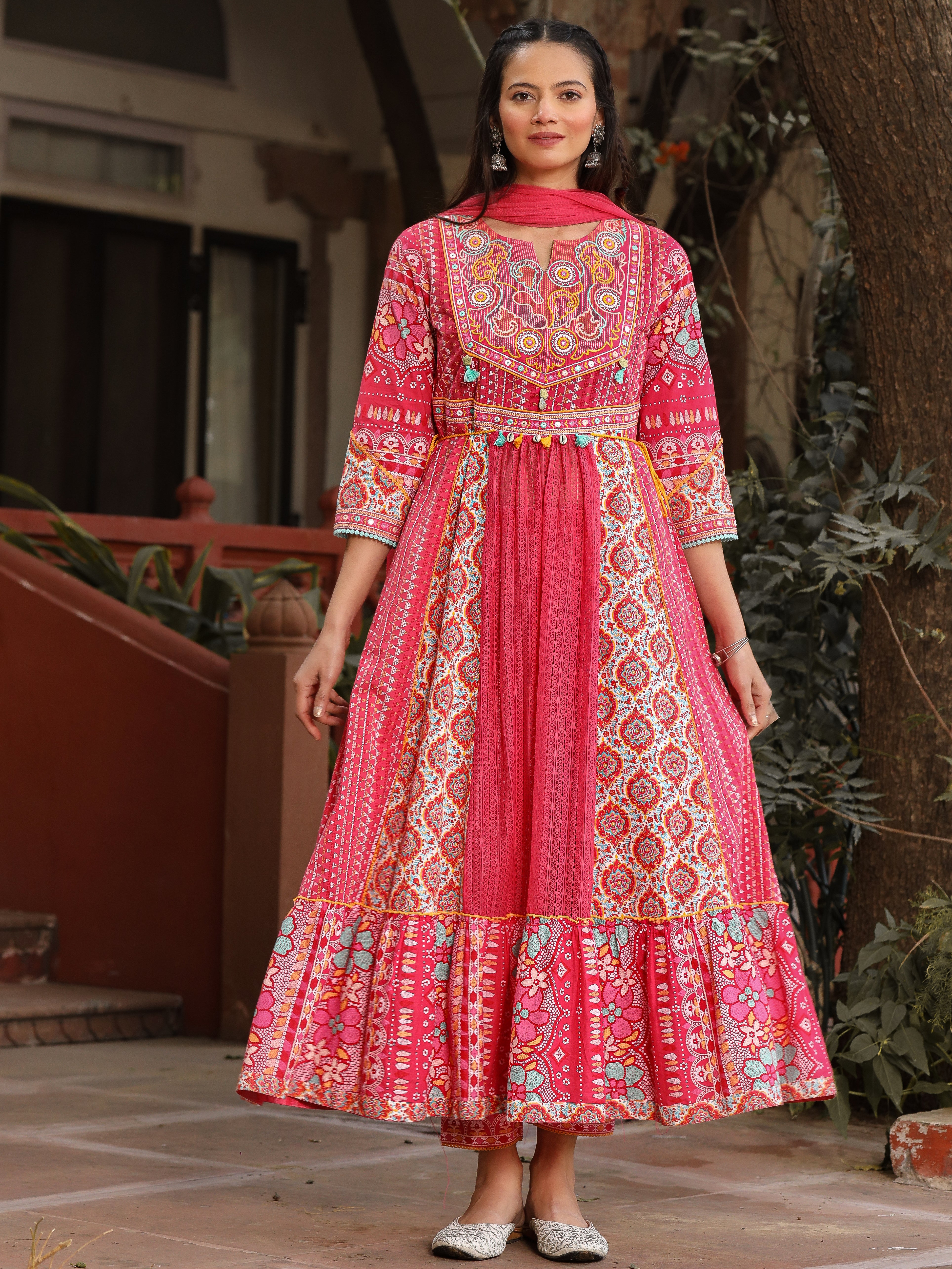 Juniper Pink Floral Printed Pure Cotton Anarkali Kurta Pants & Dupatta Set With Thread Work