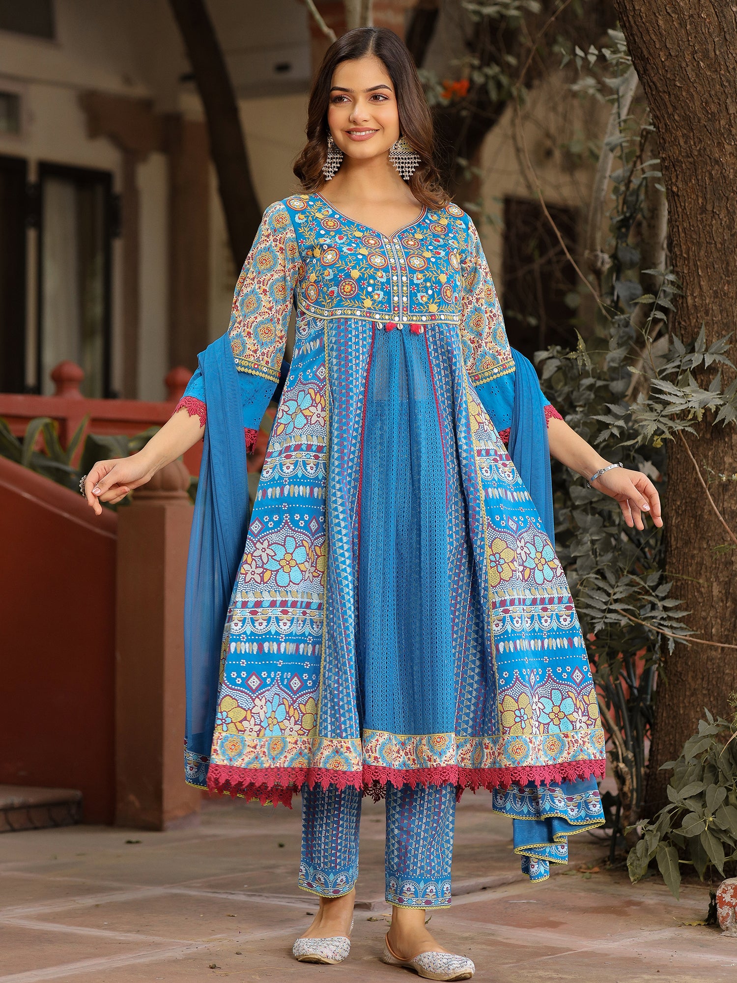Blue Cotton Cambric & Net Floral Print with Embroidery Flared Kurta Set