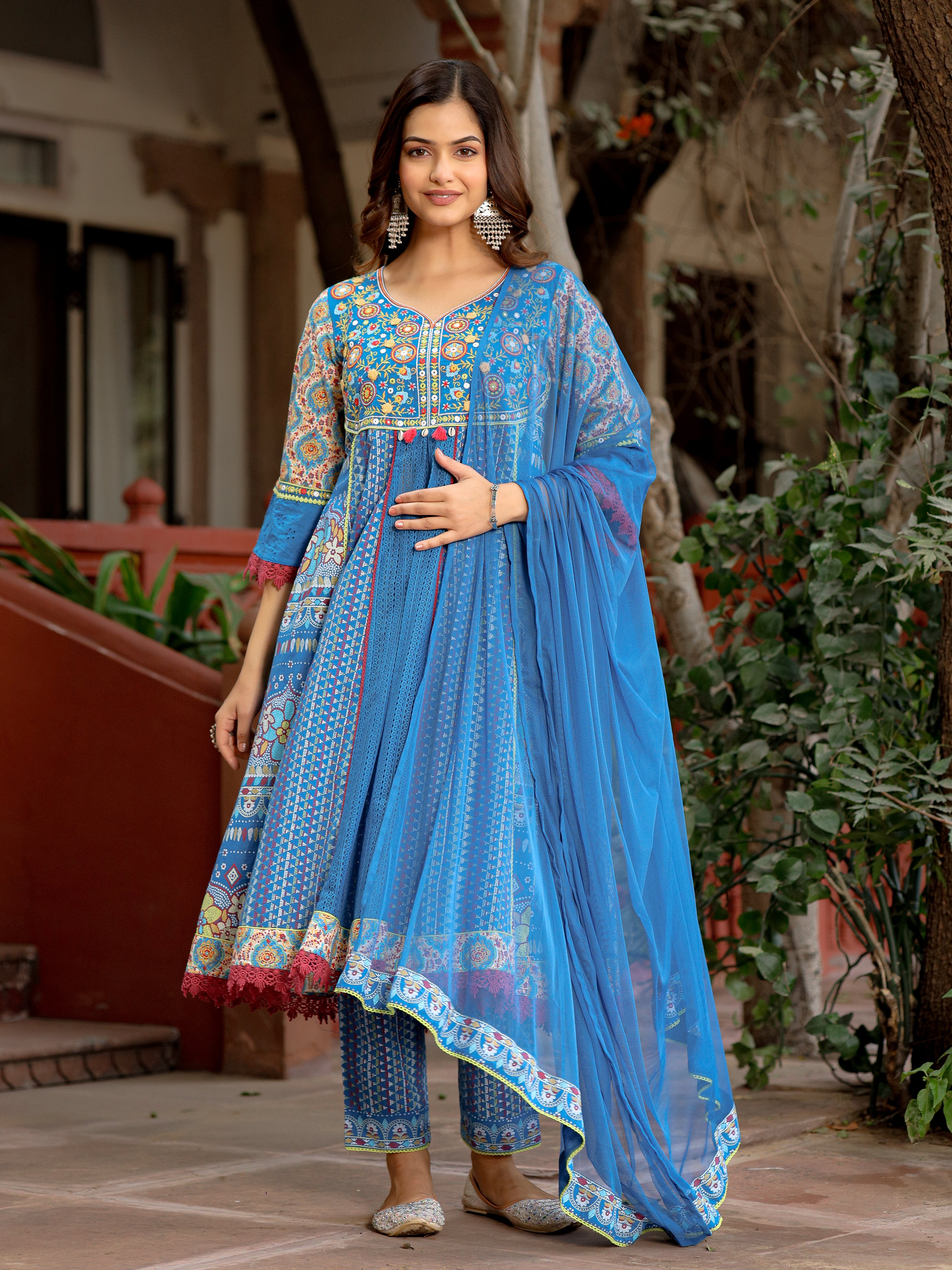 Juniper Sujani Blue Cotton & Net Floral Printed & Embroidered Panelled Kurta With Pants And Dupatta Set