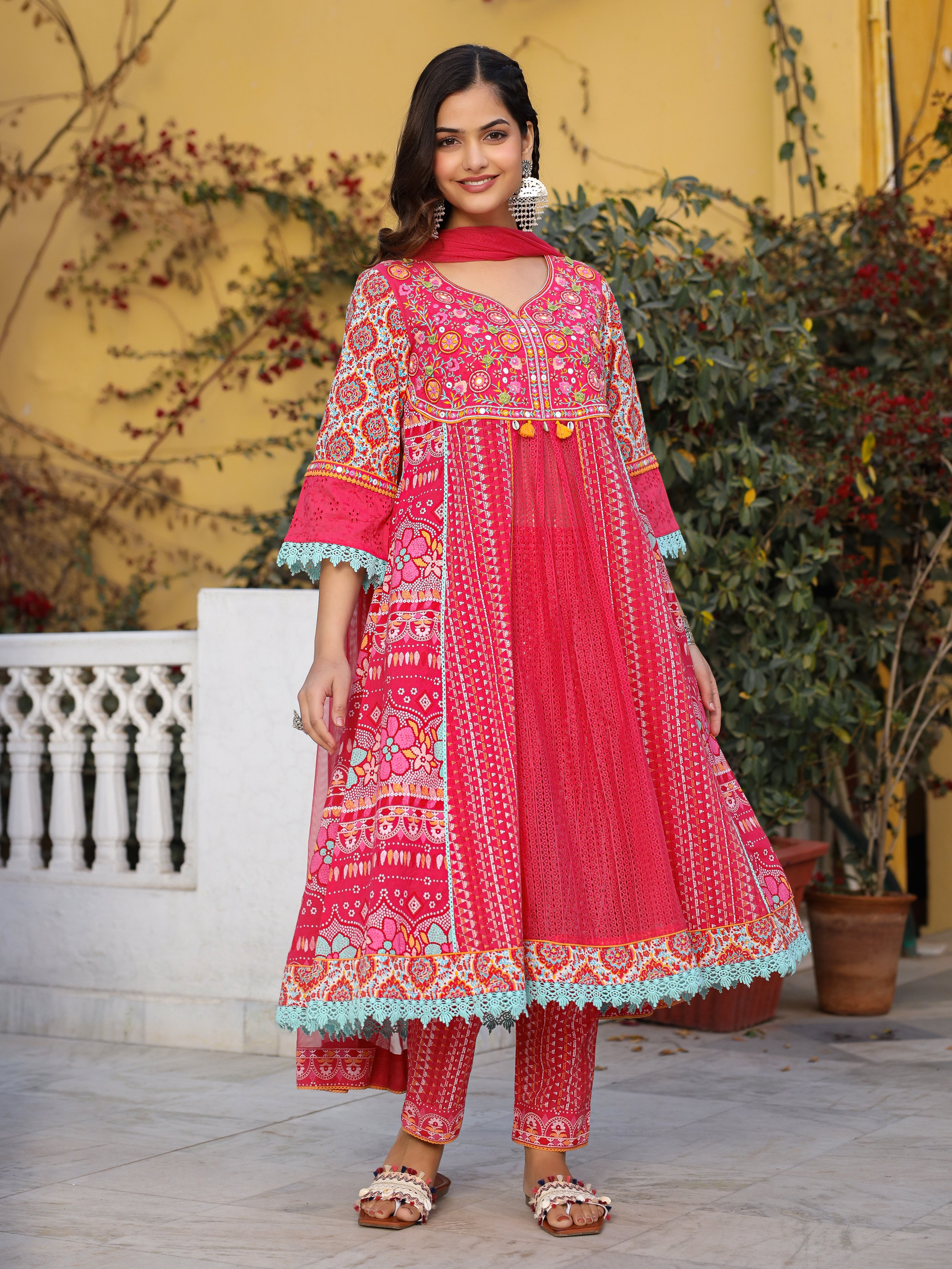 Juniper Sujani Pink Cotton & Net Floral Printed & Embroidered Panelled Kurta With Pants And Dupatta Set