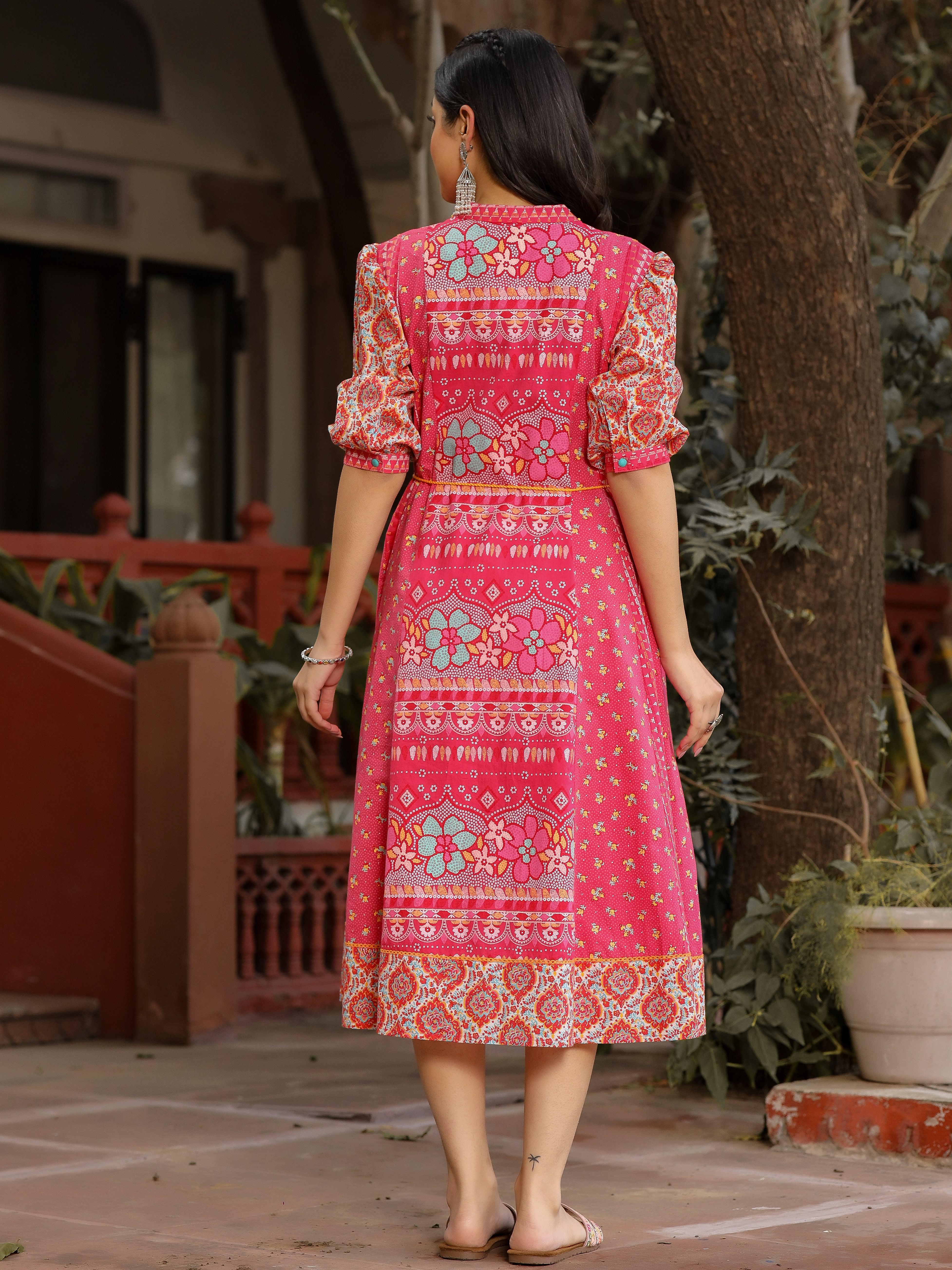 Juniper Pink Floral Printed Pure Cotton Dress & Doris With Beads Work