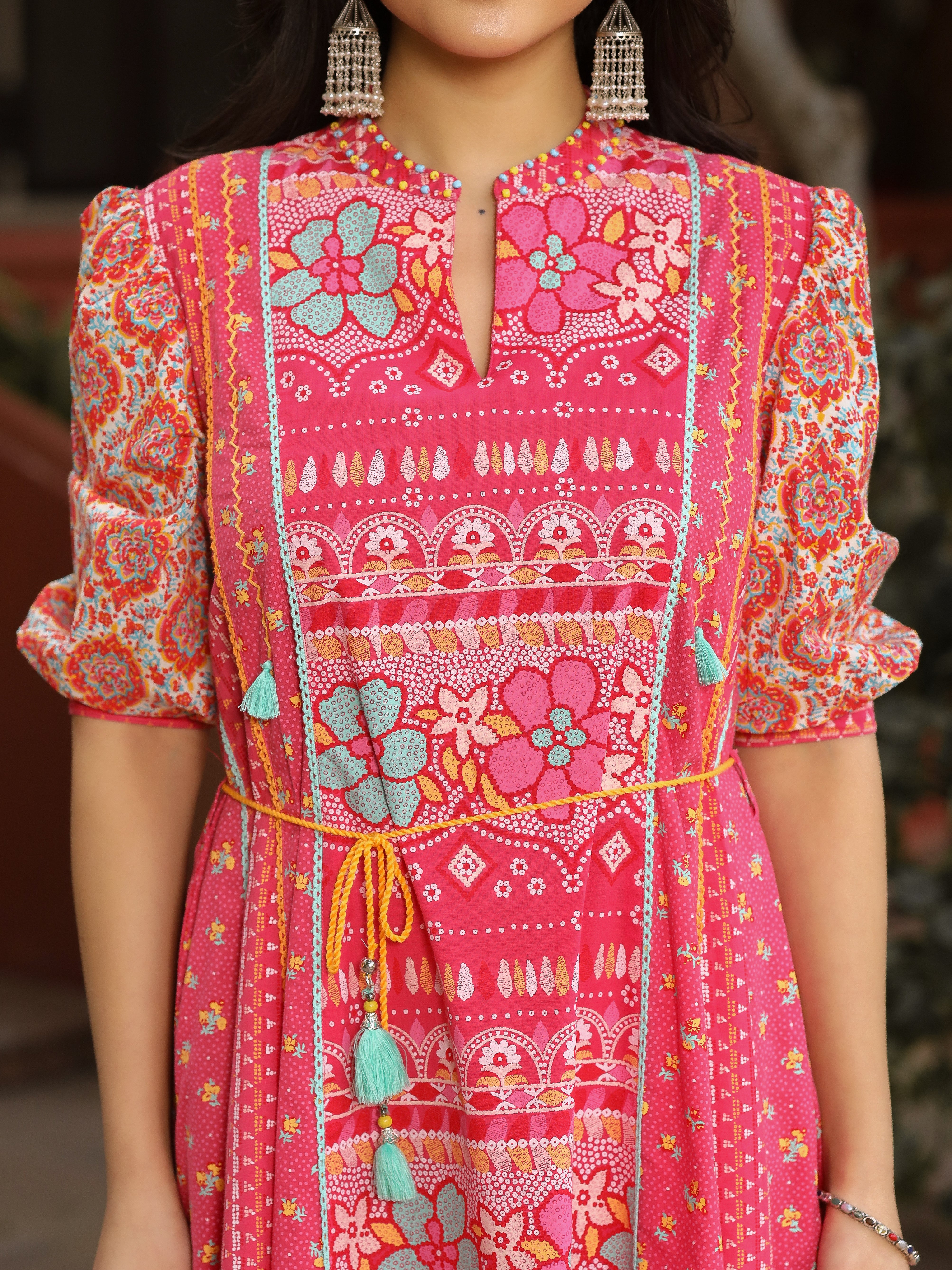 Pink Cotton Cambric Floral Printed Midi Dress