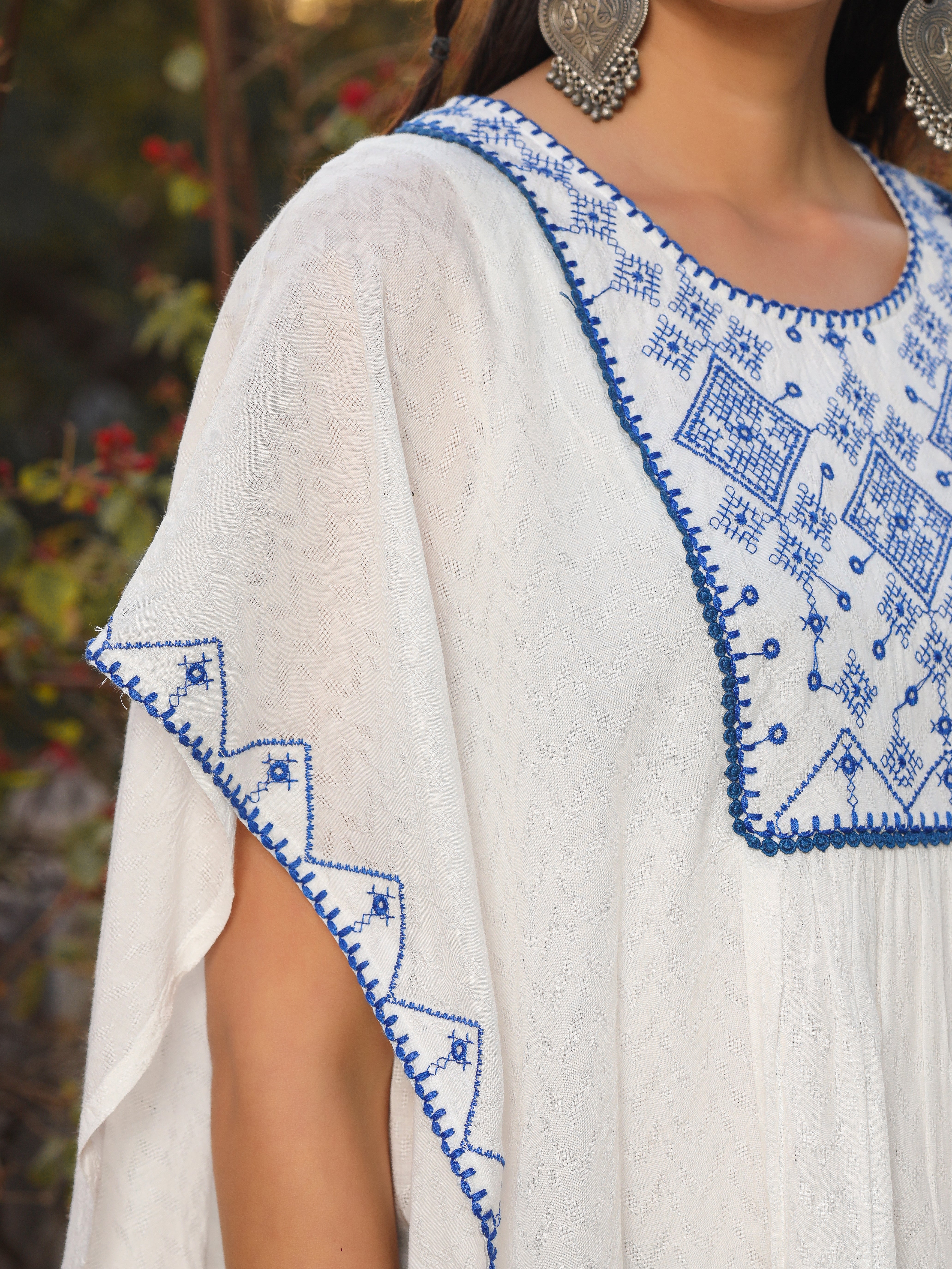 Juniper White Viscose Dobby Kaftan Tunic With Blue Thread Embroidery