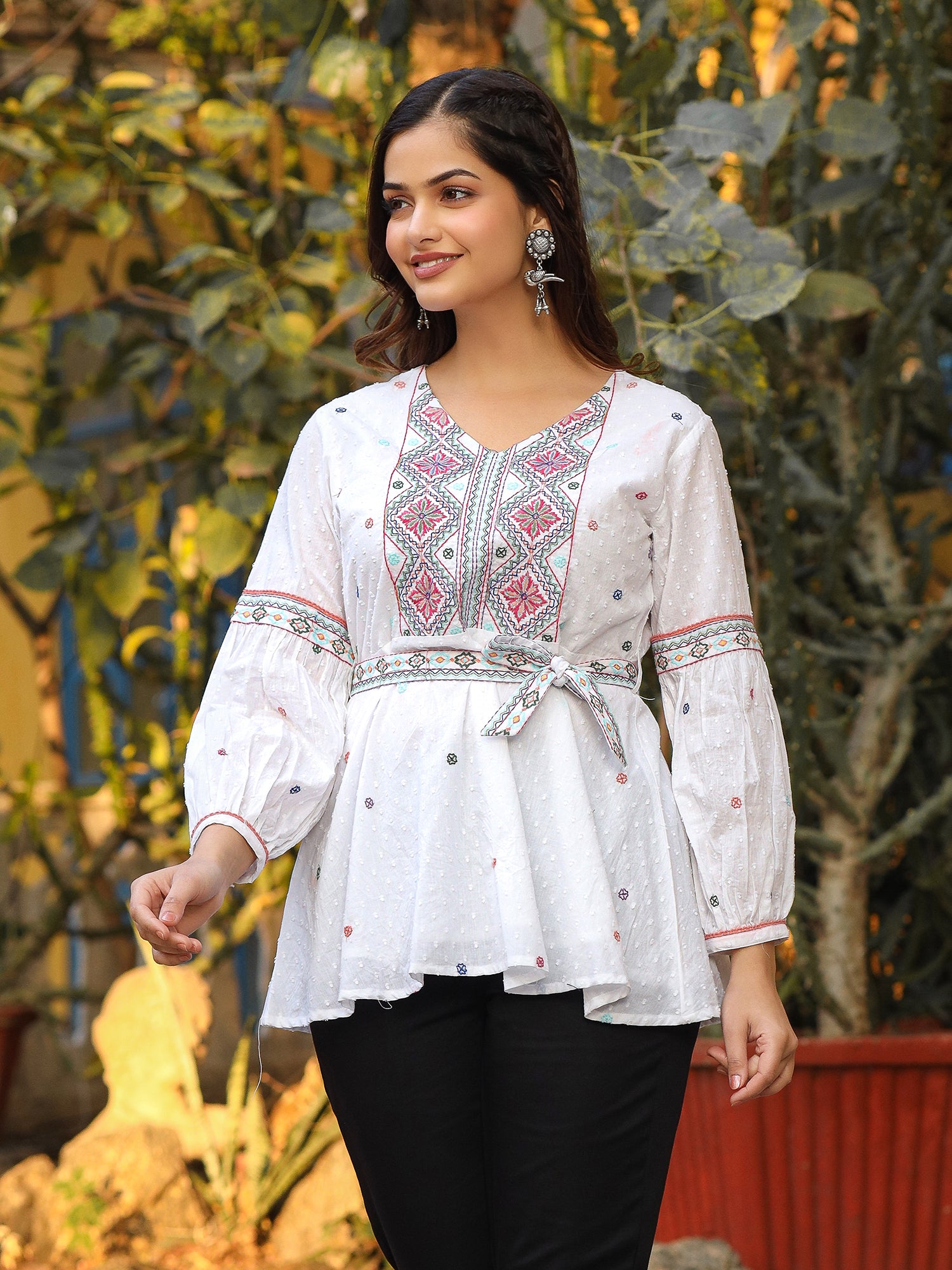 White Cotton Dobby Embroidered Peplum Tunic