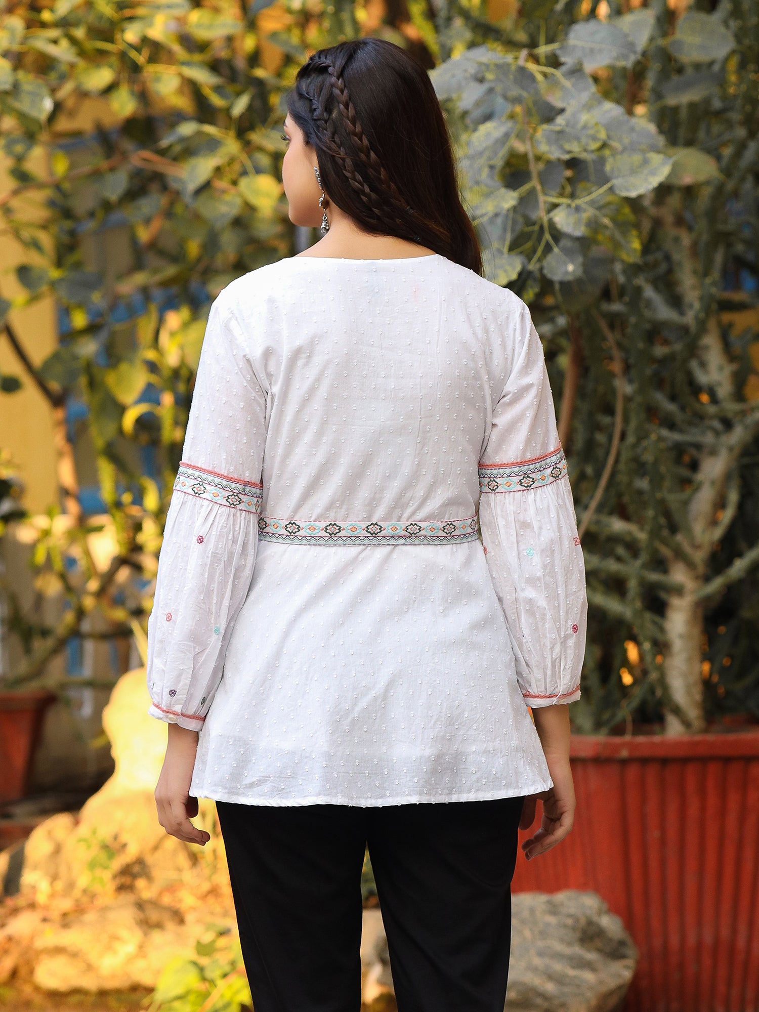 White Cotton Dobby Embroidered Peplum Tunic