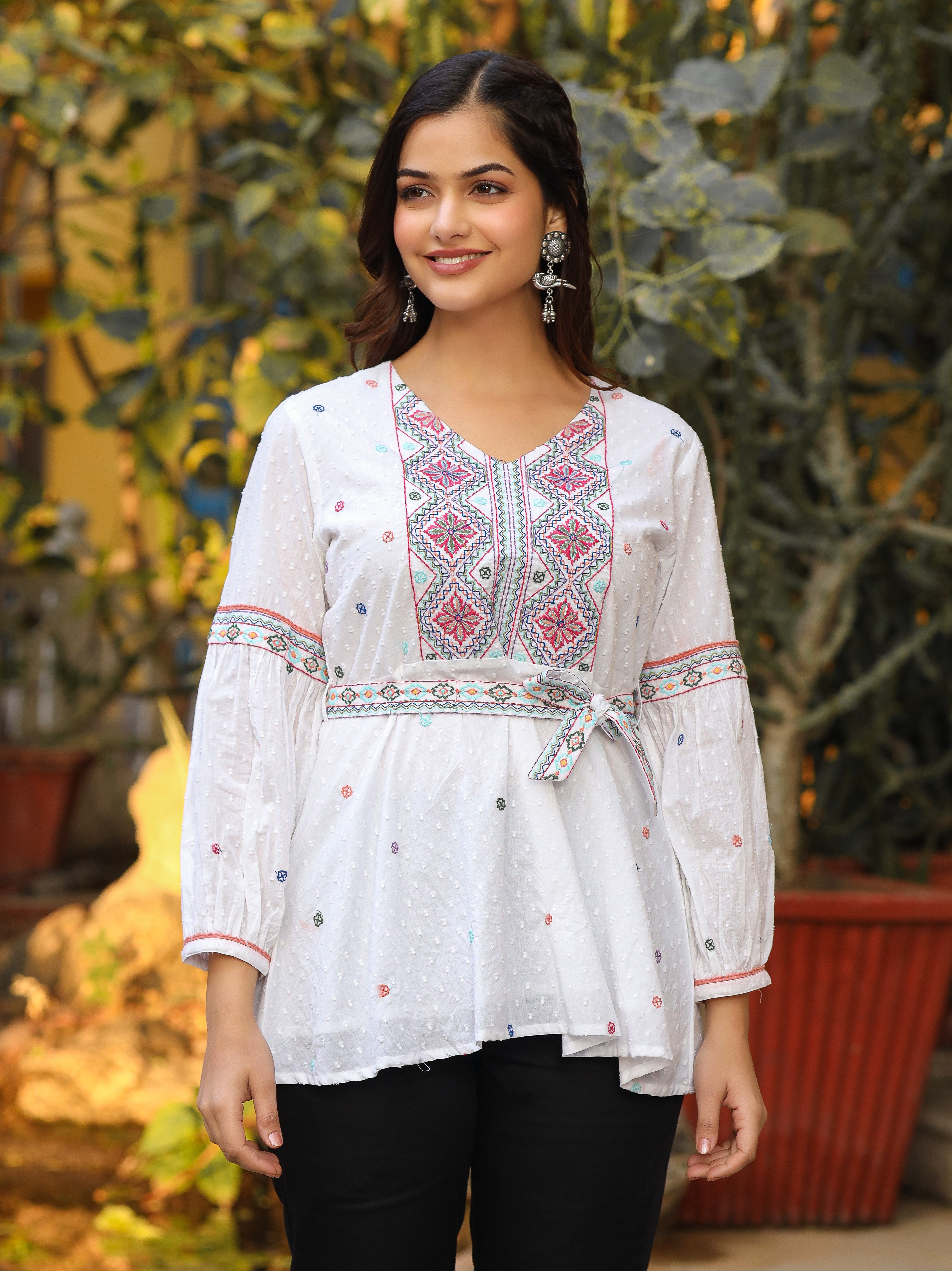 White Cotton Dobby Embroidered Peplum Tunic