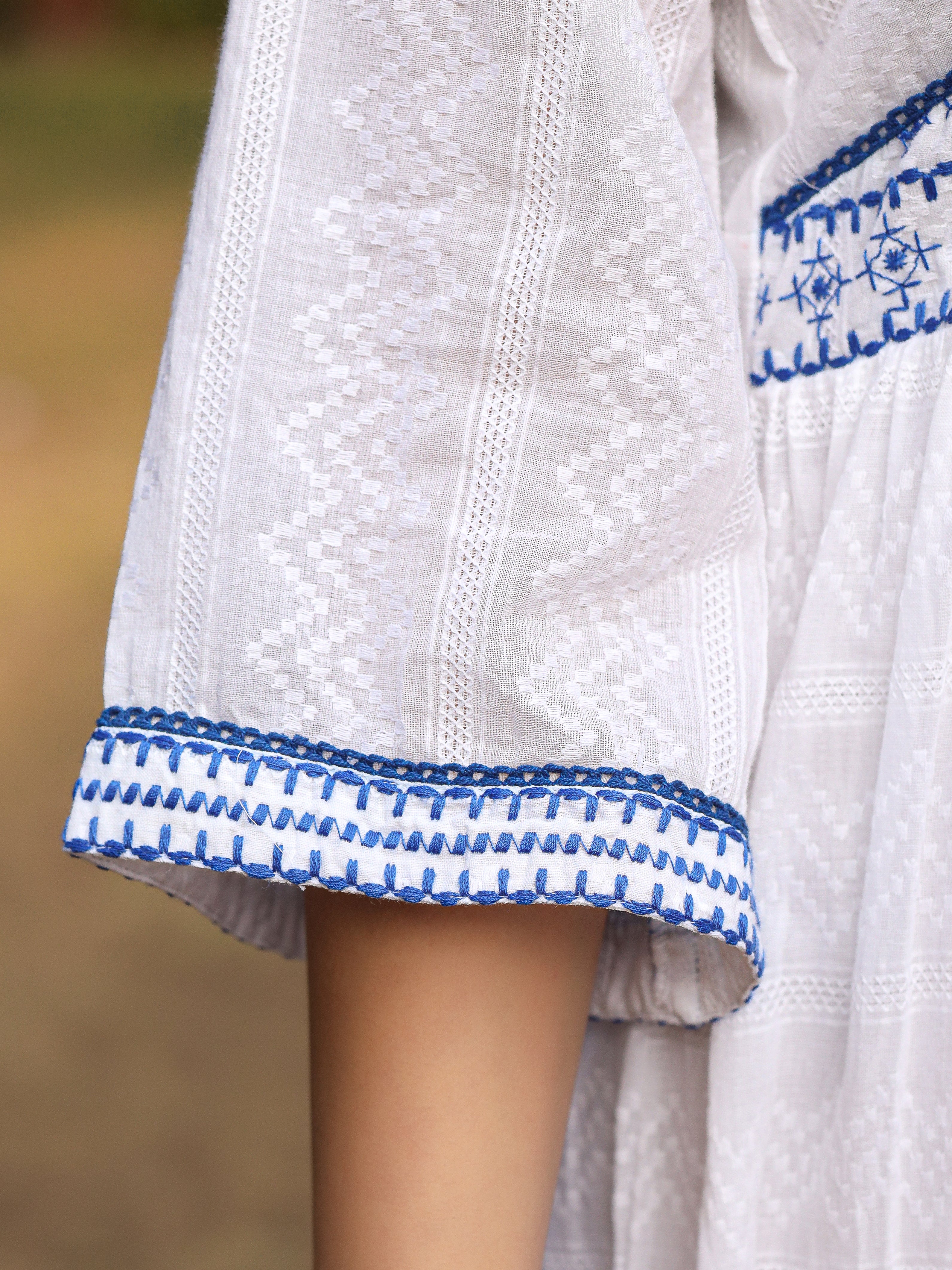 Juniper White Geometric Embroidered Cotton Dobby  Short Dress