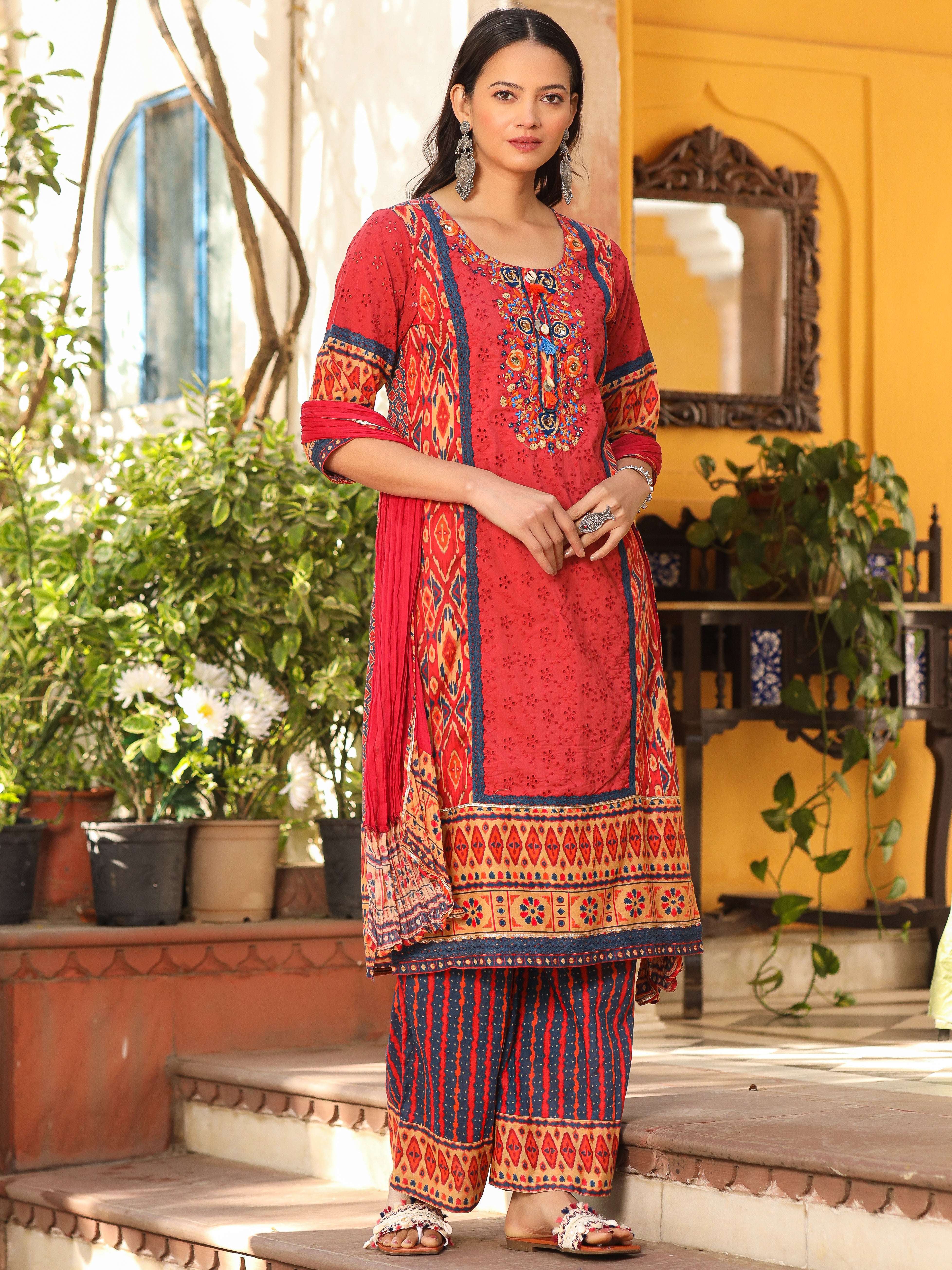 Juniper Rust Cotton Ikat Printed Kurta With Pants And Dupatta Set With Thread Embroidery & Laces (3-Pcs)