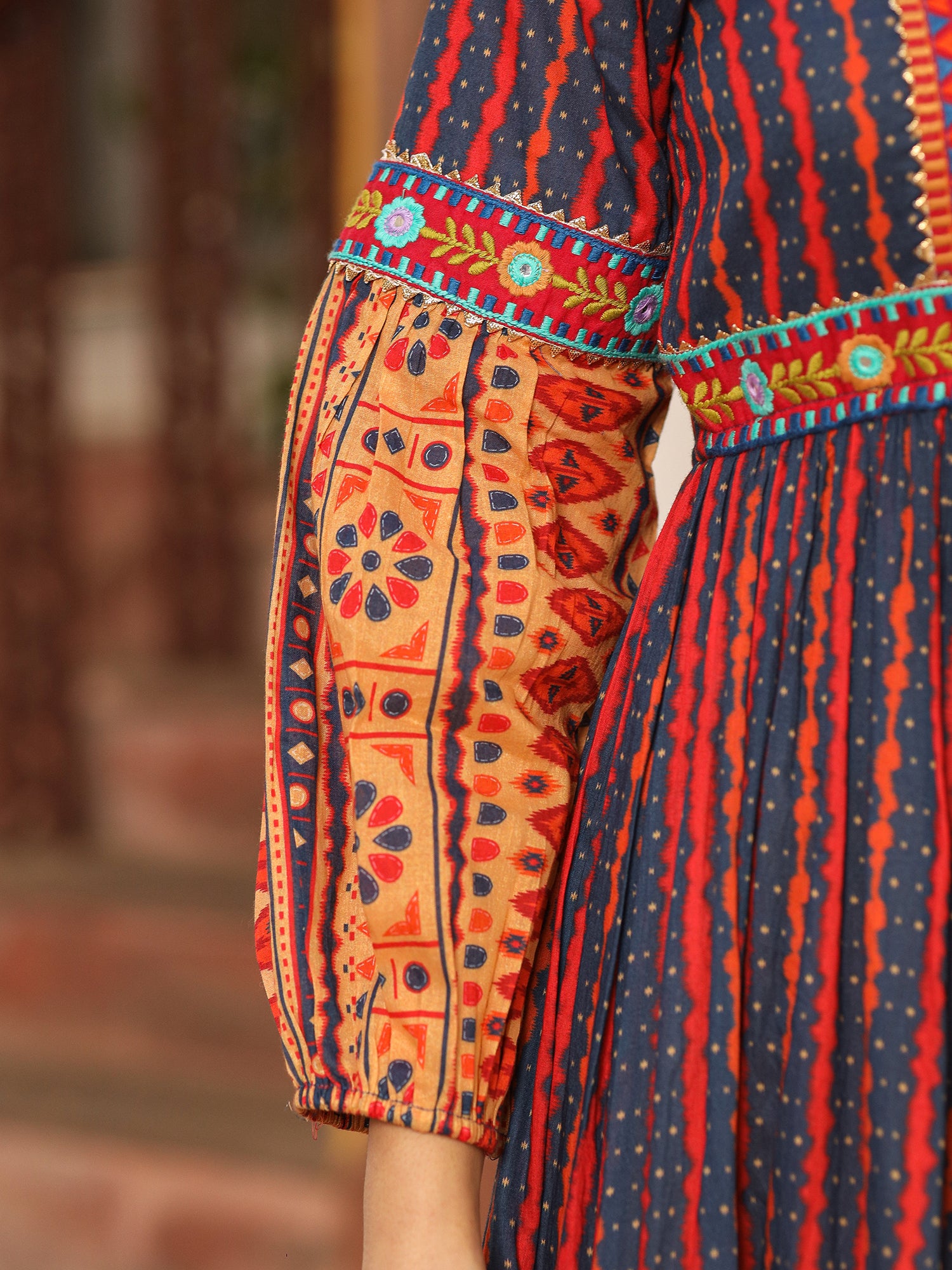 Ikat Printed & Embroidered Rust Cotton Voile Tiered Maxi Dress