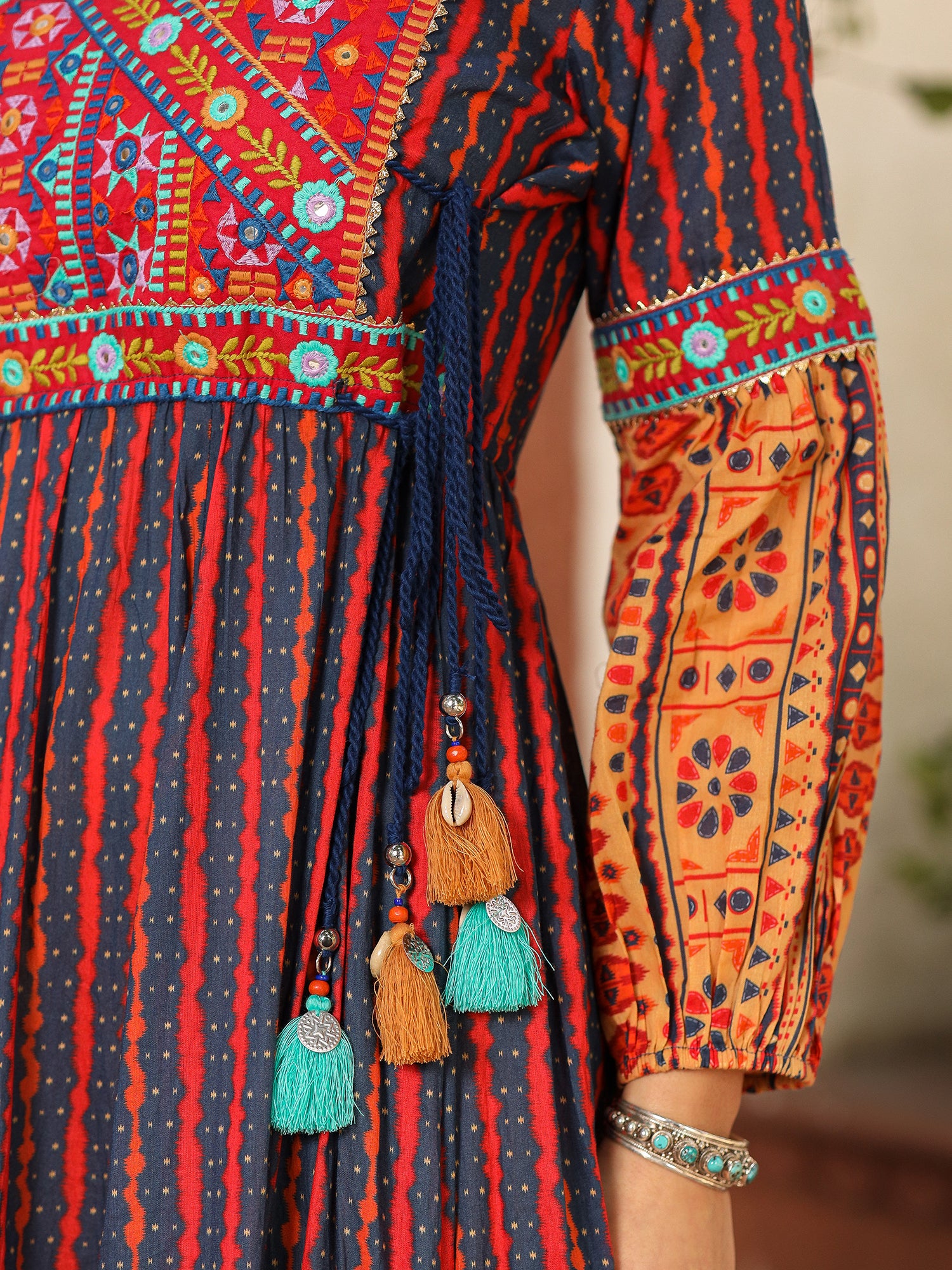 Juniper Rust Ikat Cotton Printed Tiered Maxi Dress With Thread Embroidery & Dori Tassel Tie-Up At Waist