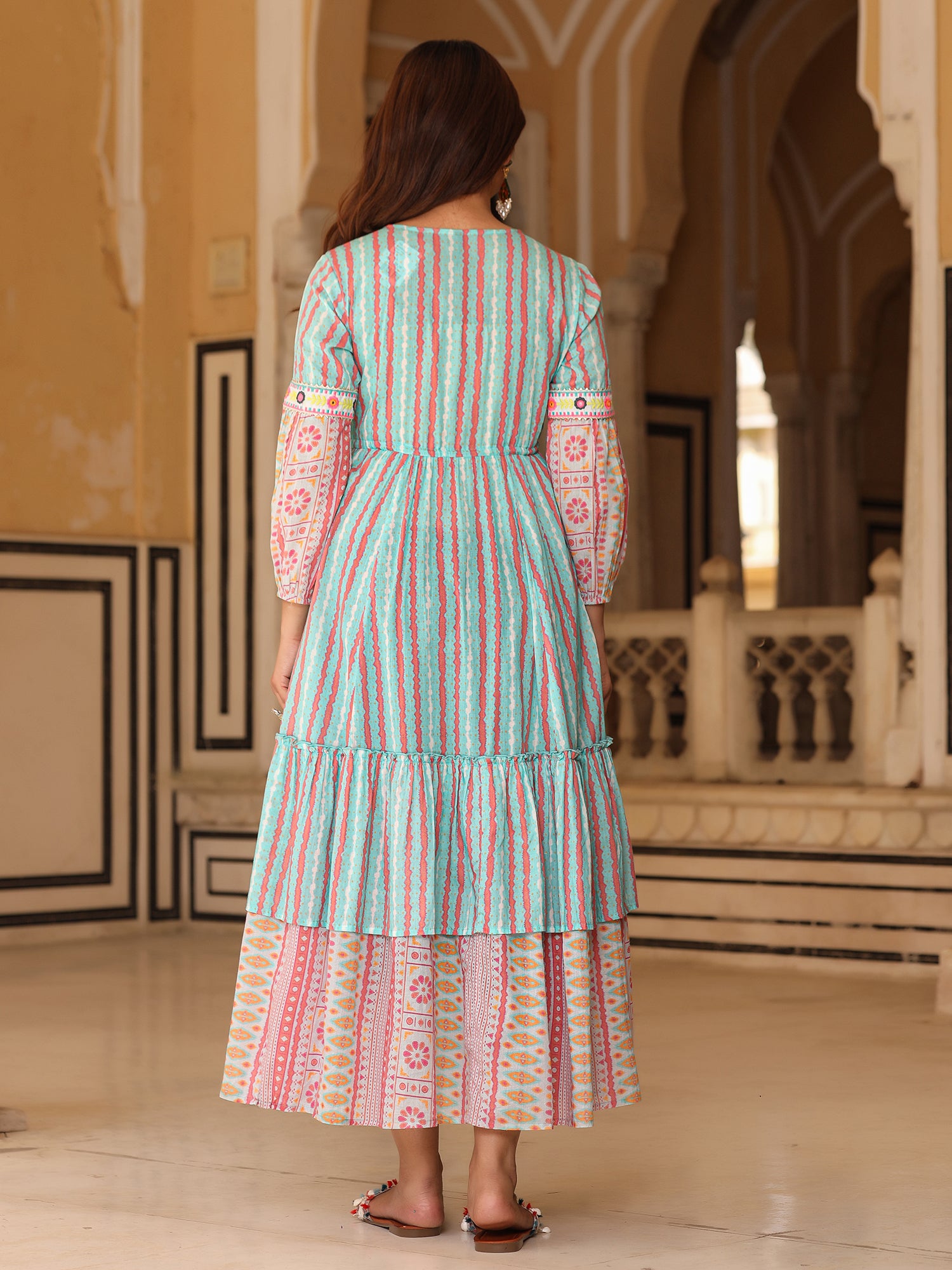 Juniper Sky Blue Ikat Cotton Printed Tiered Maxi Dress With Thread Embroidery & Dori Tassel Tie-Up At Waist