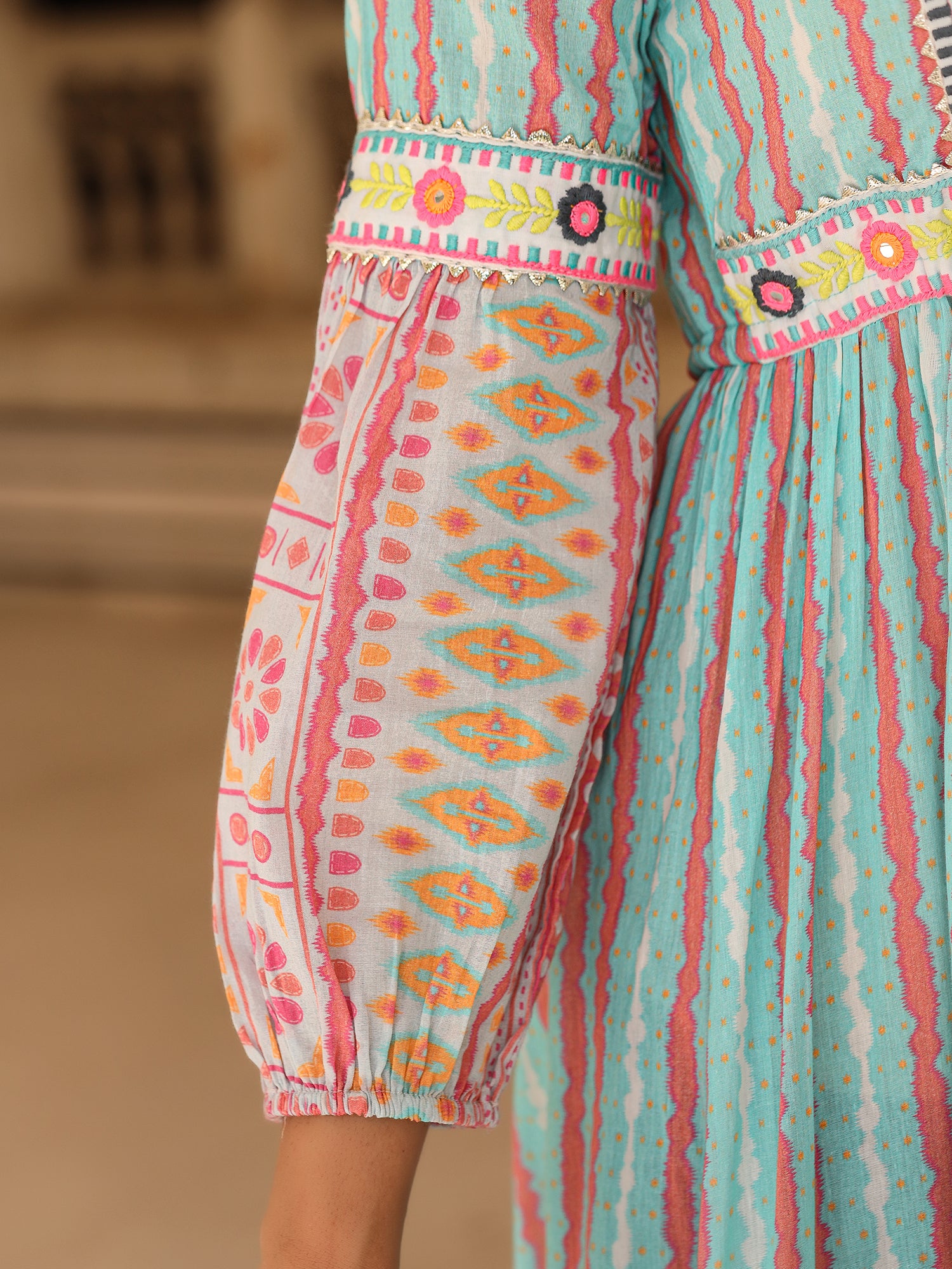 Juniper Sky Blue Ikat Cotton Printed Tiered Maxi Dress With Thread Embroidery & Dori Tassel Tie-Up At Waist
