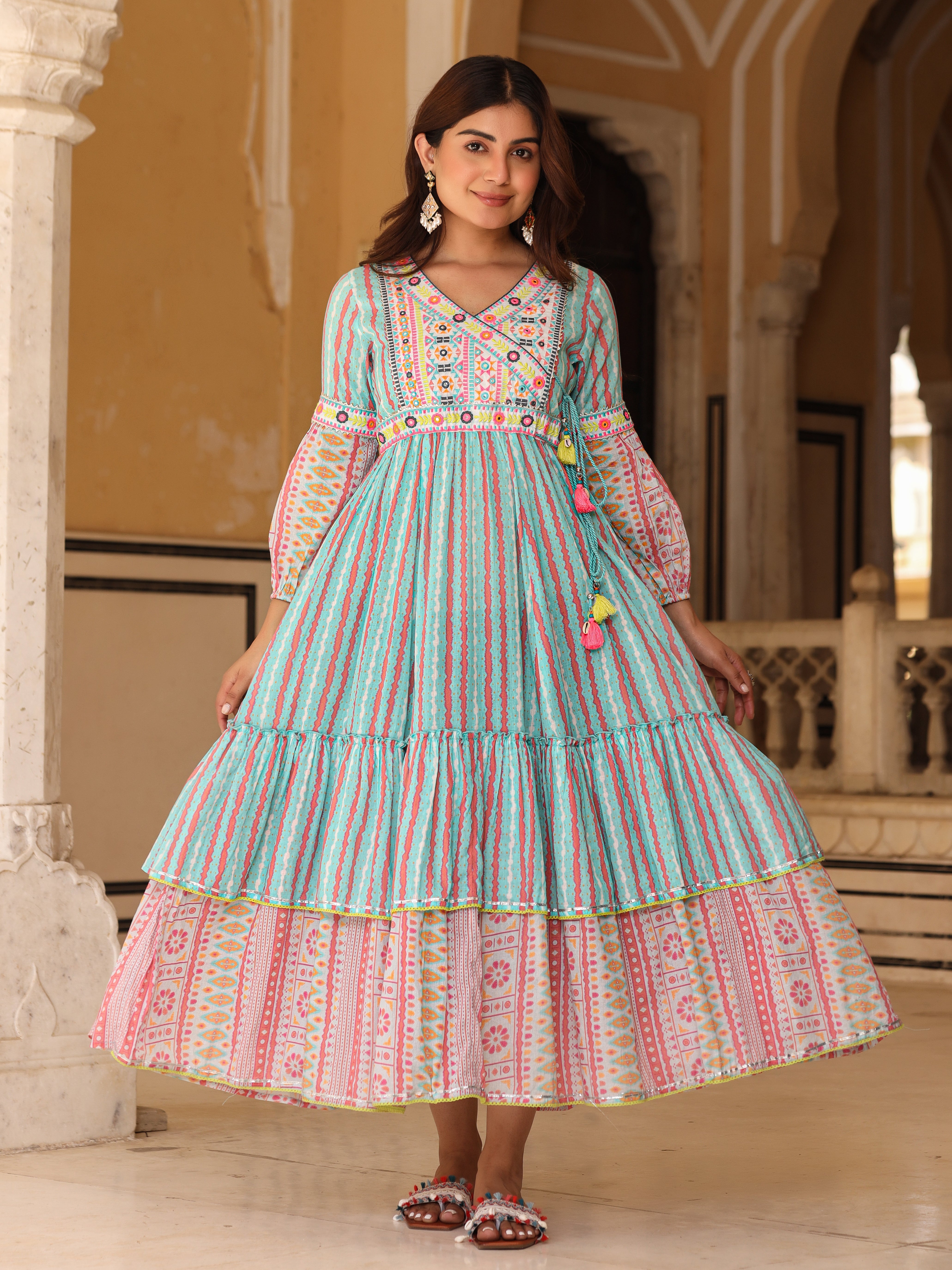 Sky Blue Ikat Cotton Printed Tiered Maxi Dress with Embroidery | Juniper Fashion Sky Blue Ikat Cotton Printed Tiered Maxi Dress with Embroidery | Juniper Fashion