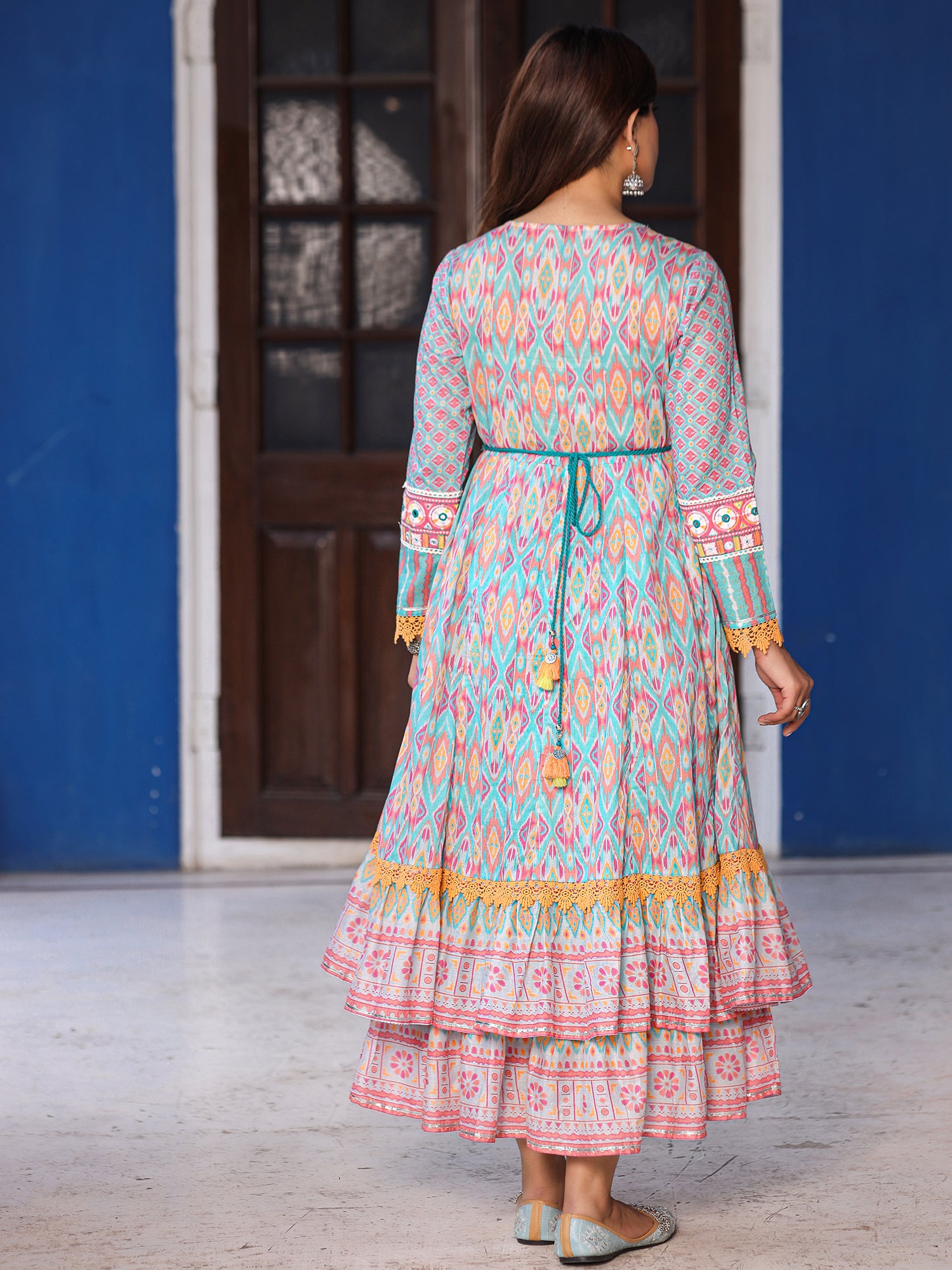 Juniper Sky Blue Cotton Ikat Printed Maxi Dress With Thread Embroidery & Dori Tassel Tie-Up At Waist