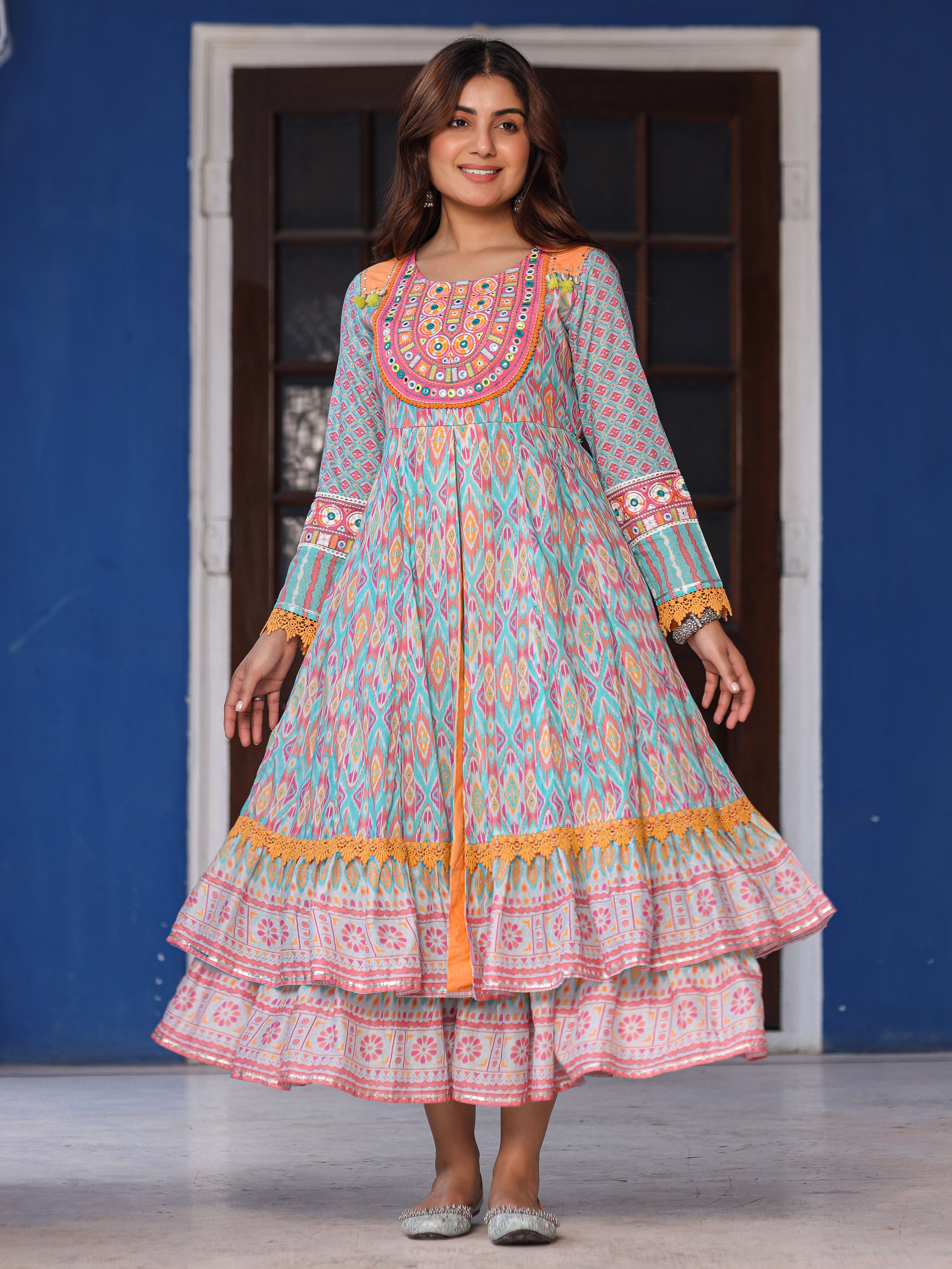 Sky Blue Cotton Ikat Printed Maxi Dress with Thread Embroidery | Juniper Fashion Sky Blue Cotton Ikat Printed Maxi Dress with Thread Embroidery | Juniper Fashion