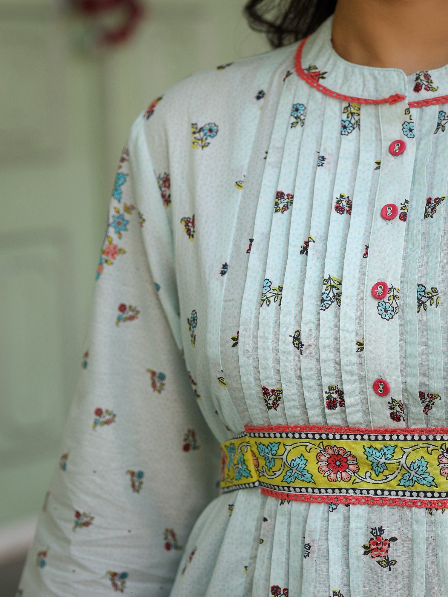 Juniper Women Sky Blue Cotton Floral Printed Lacy Peplum Tunic With Tie-Up At Back