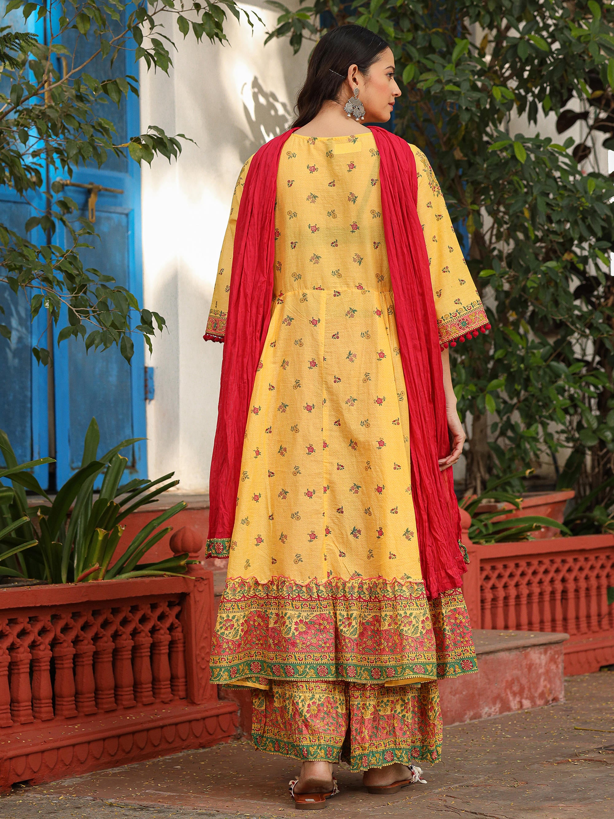 Mustard Cotton Floral Printed Anarkali Kurta With Pants And Dupatta Set With Sequins & Beadwork