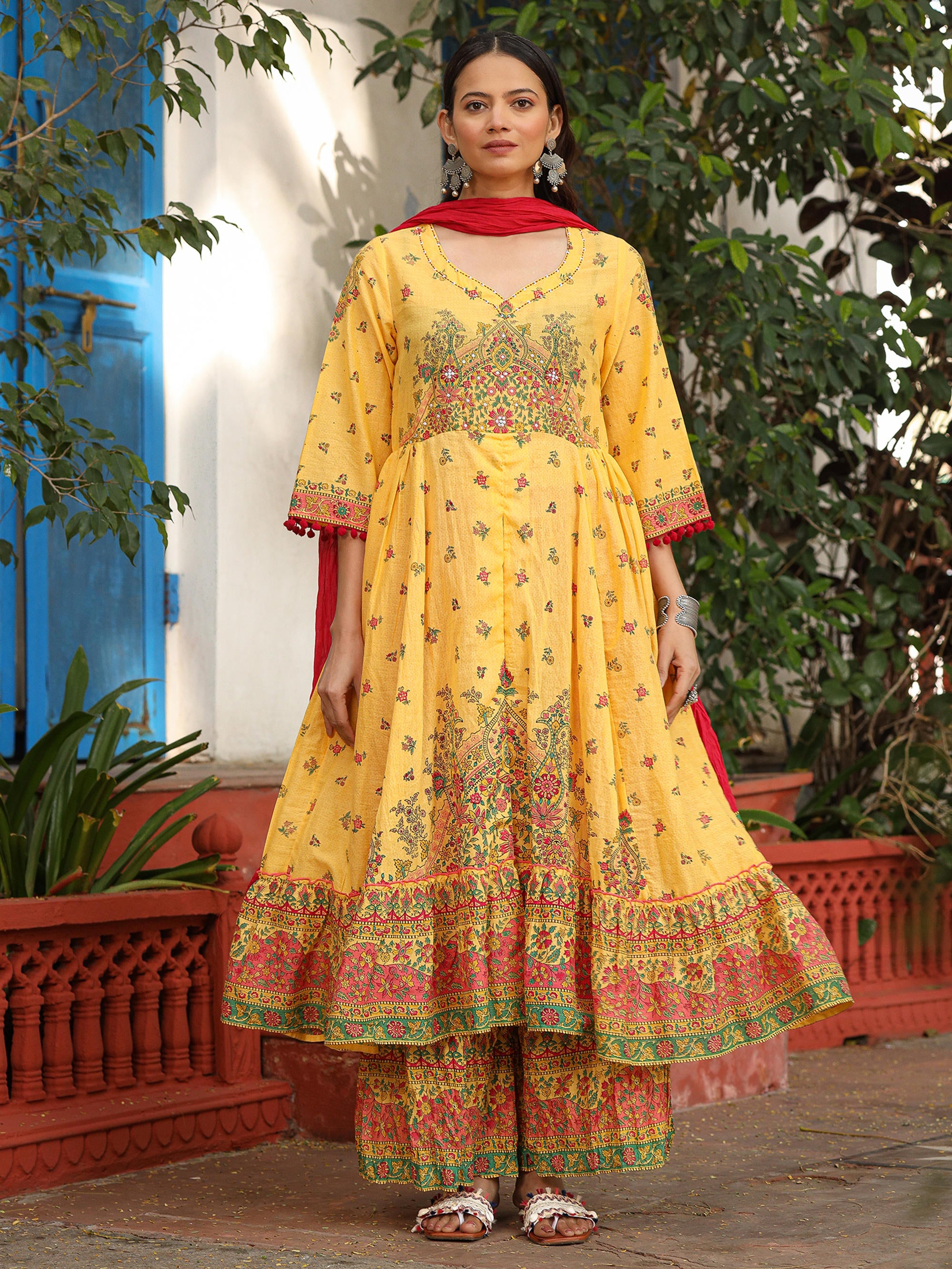 Mustard Cotton Floral Printed Anarkali Kurta With Pants And Dupatta Set With Sequins & Beadwork