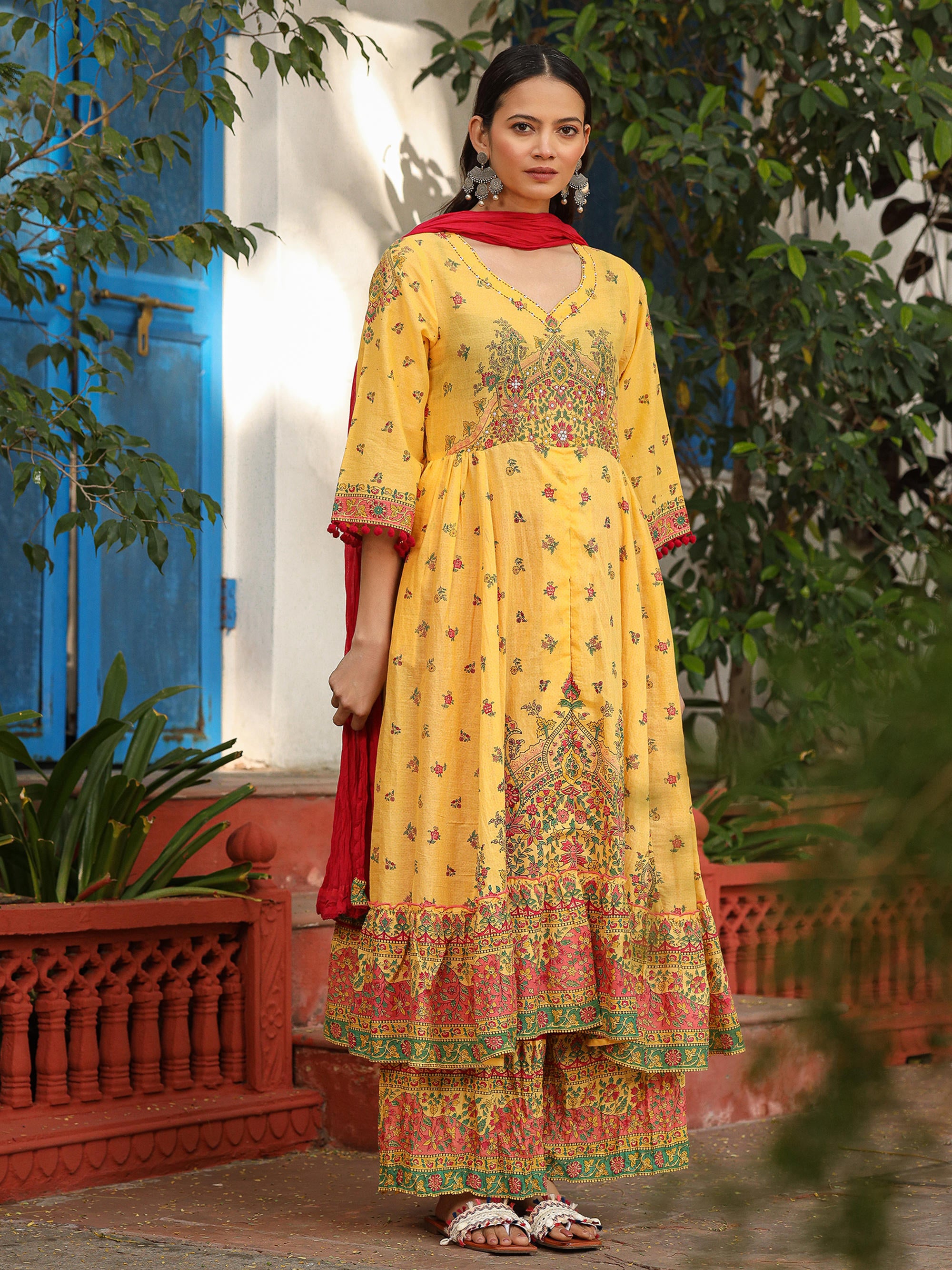 Mustard Cotton Floral Printed Anarkali Kurta With Pants And Dupatta Set With Sequins & Beadwork