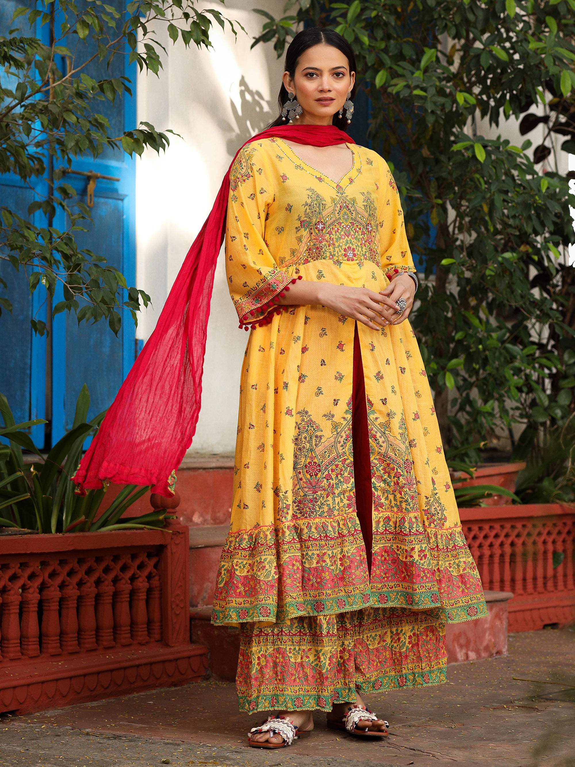 Mustard Cotton Floral Printed Anarkali Kurta With Pants And Dupatta Set With Sequins & Beadwork