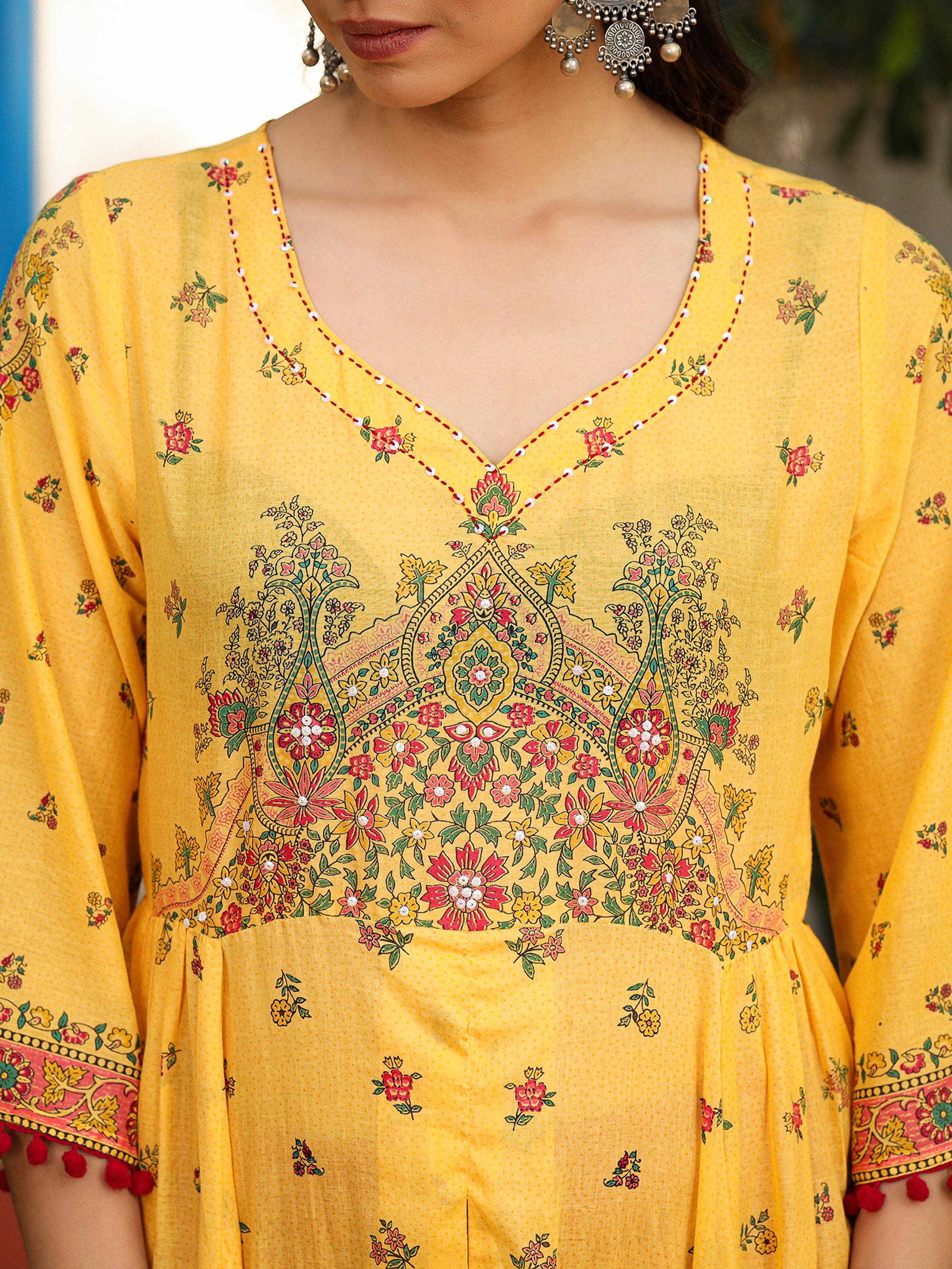 Mustard Cotton Floral Printed Anarkali Kurta With Pants And Dupatta Set With Sequins & Beadwork