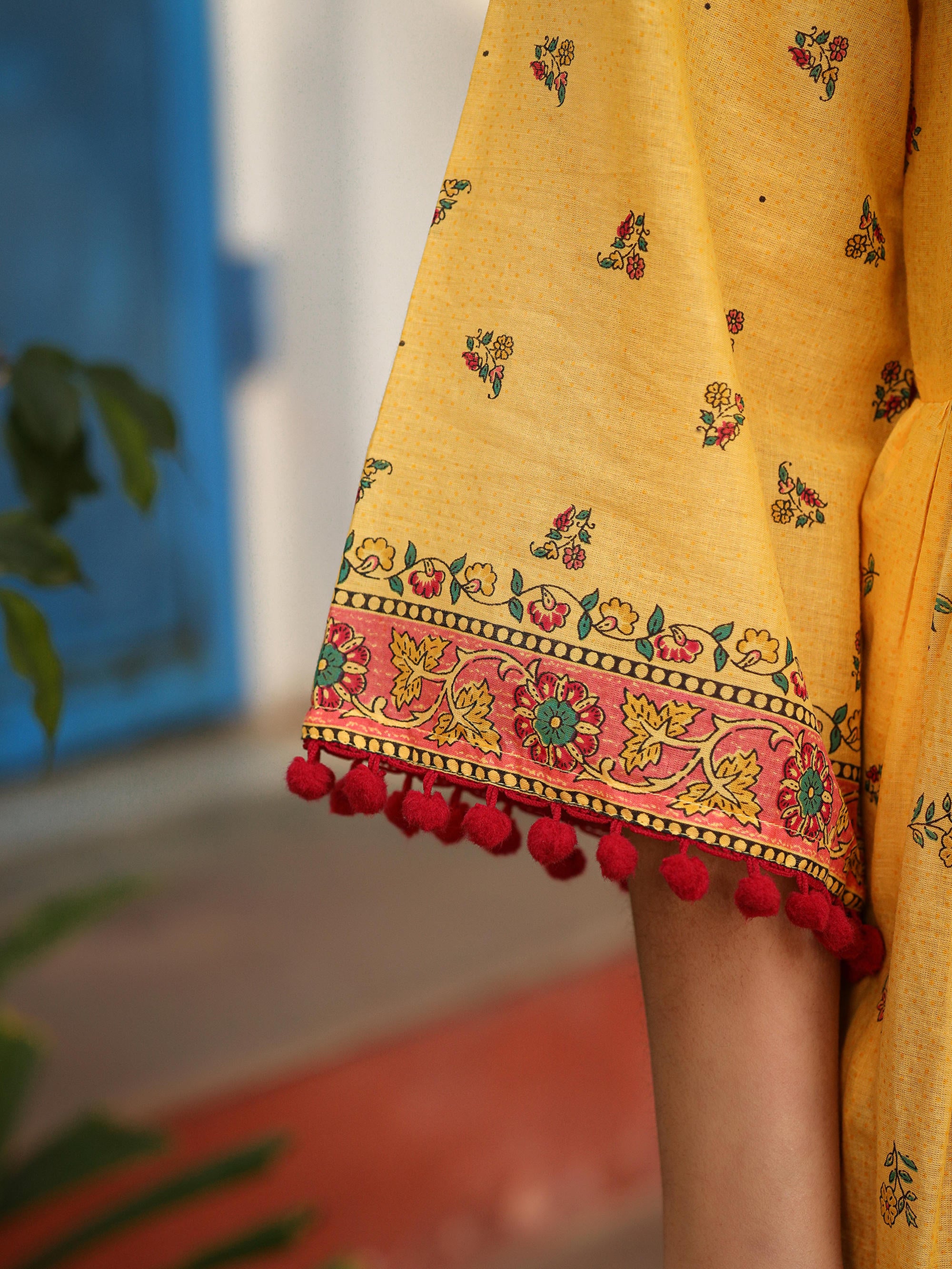 Mustard Cotton Floral Printed Anarkali Kurta With Pants And Dupatta Set With Sequins & Beadwork