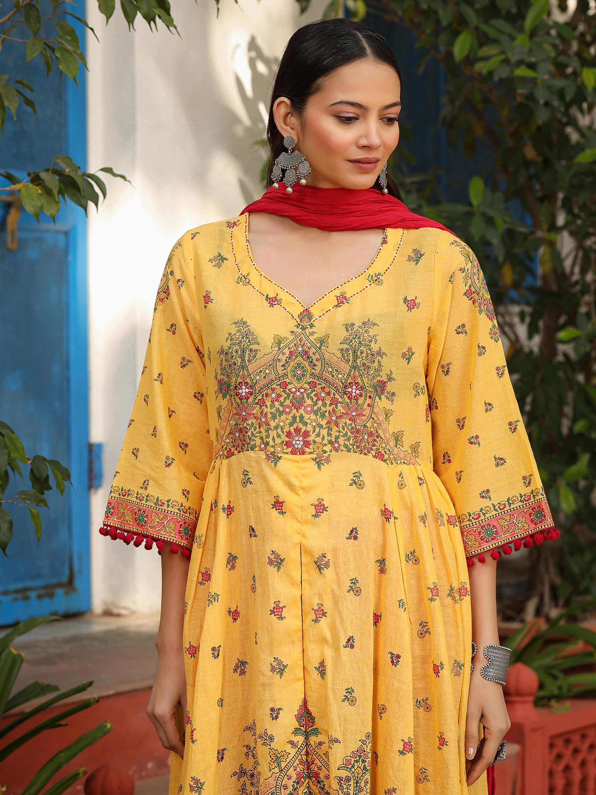 Mustard Cotton Floral Printed Anarkali Kurta With Pants And Dupatta Set With Sequins & Beadwork