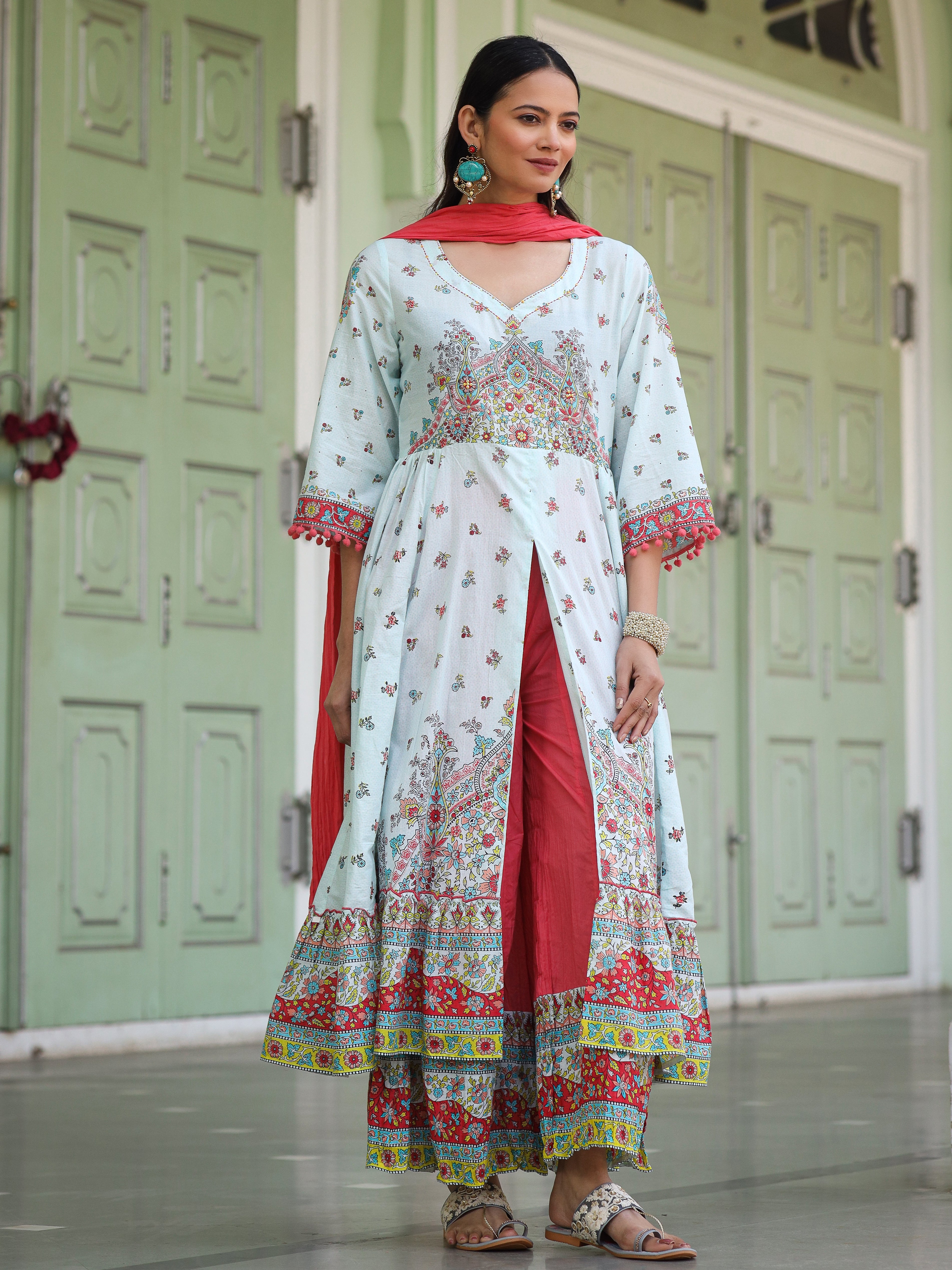 Juniper Sky Blue Cotton Floral Printed Anarkali Kurta With Pants And Dupatta Set With Sequins & Beadwork