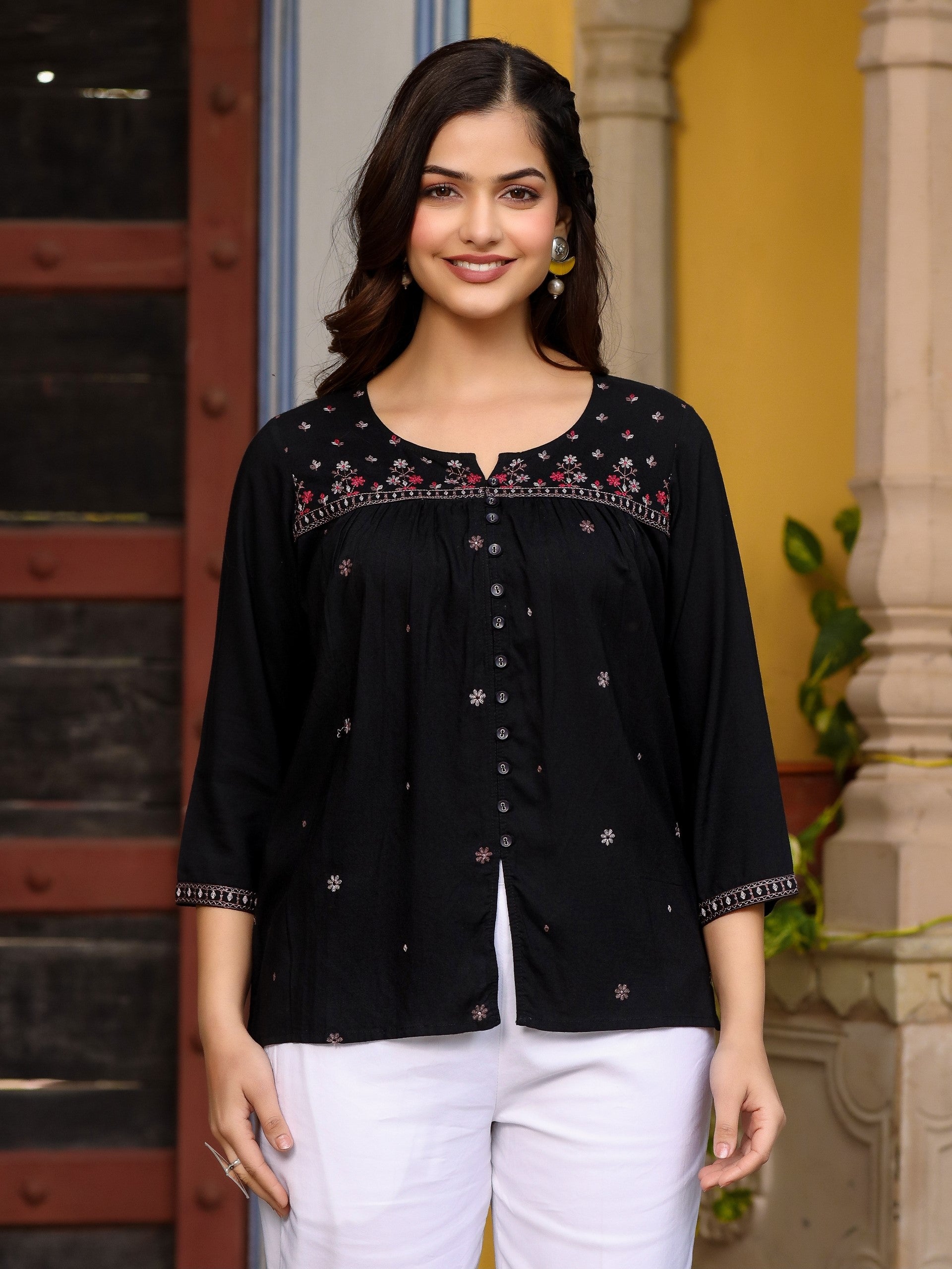 Juniper Black Rayon Gathered Embroidered Tunic With Buttons