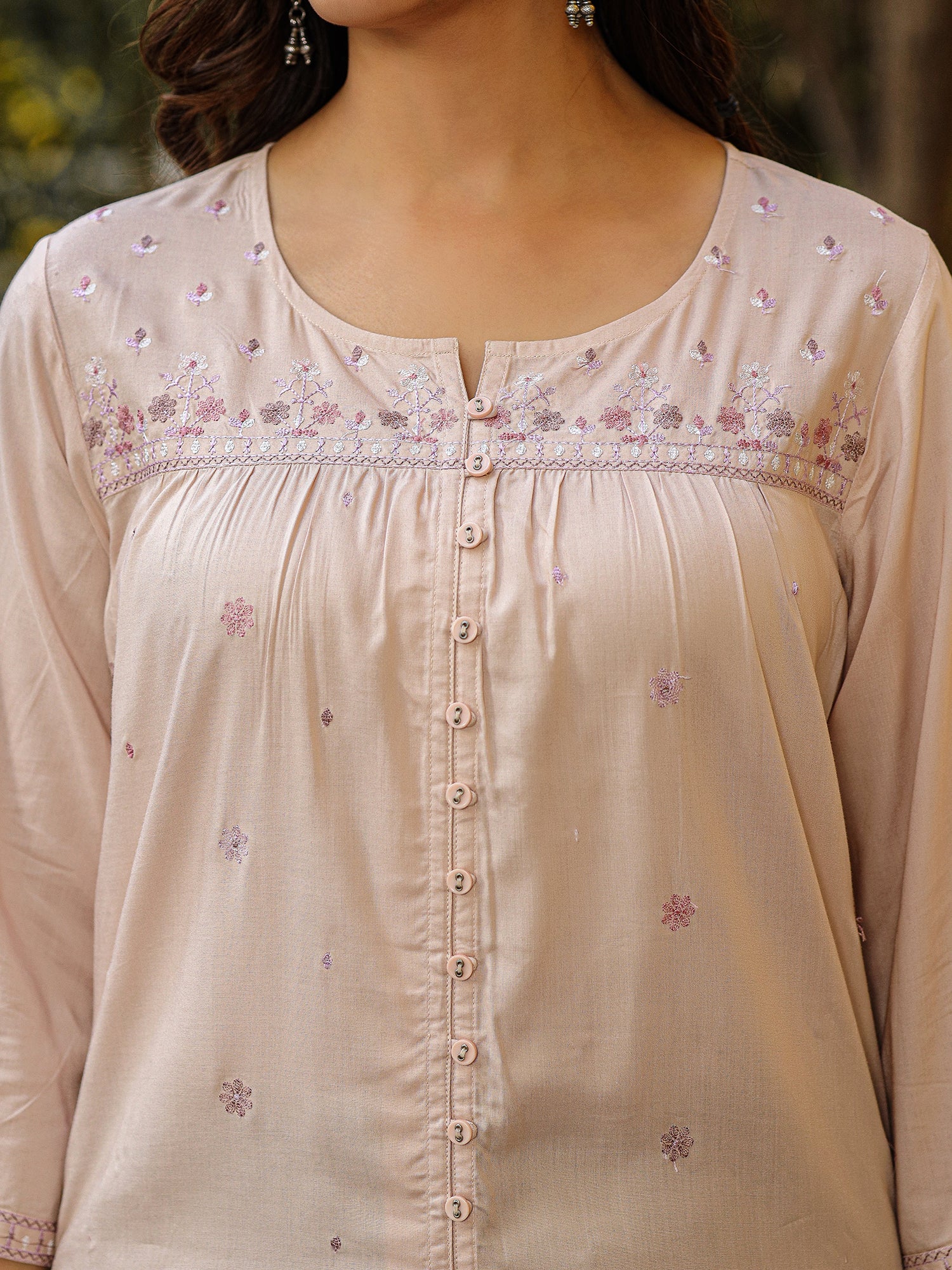 Juniper Nude Floral Printed Rayon Tunic With Thread Work Embroidery