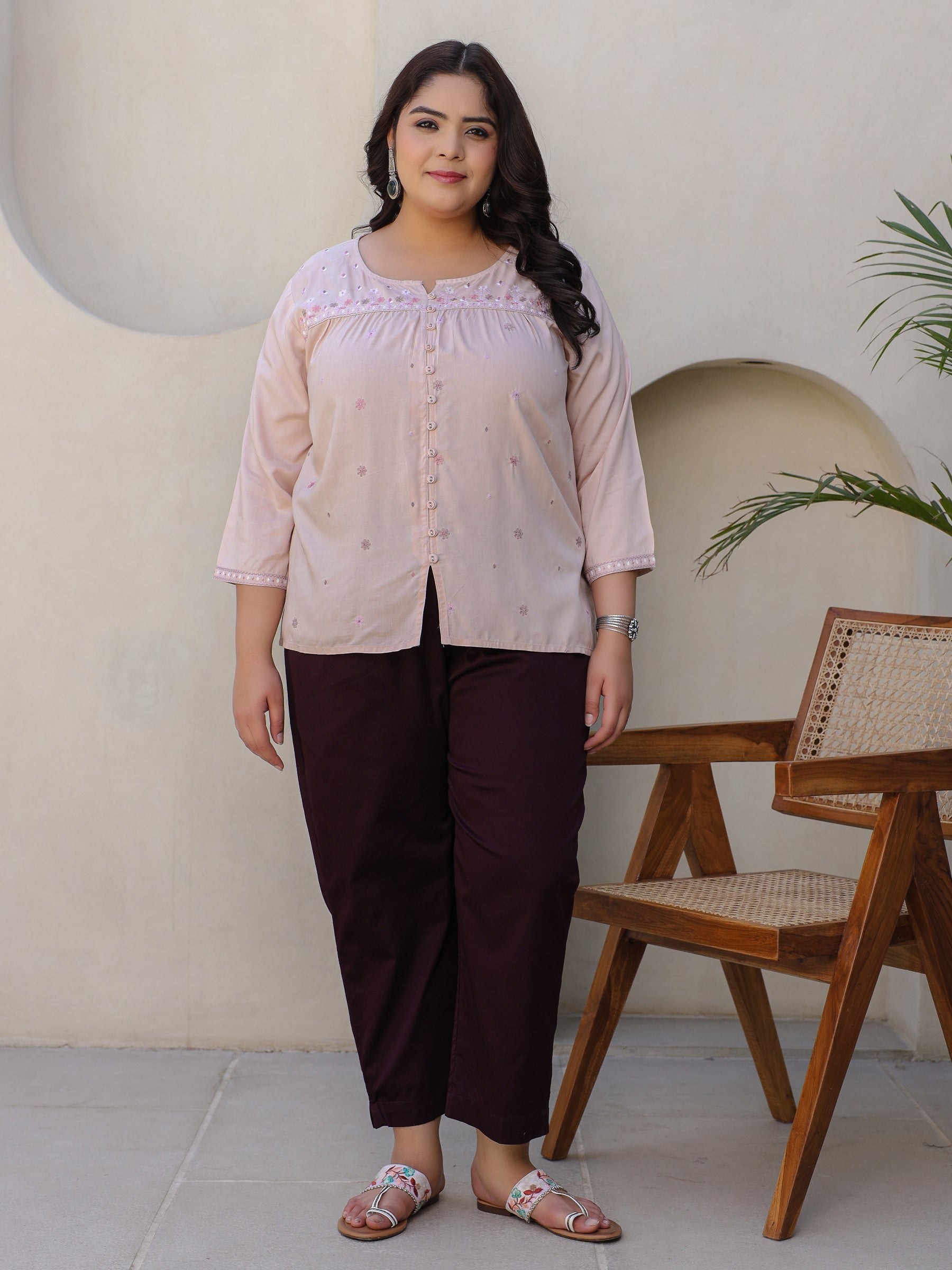 Juniper Nude Gathered Rayon Plus Size Tunic With Thread Embroidery