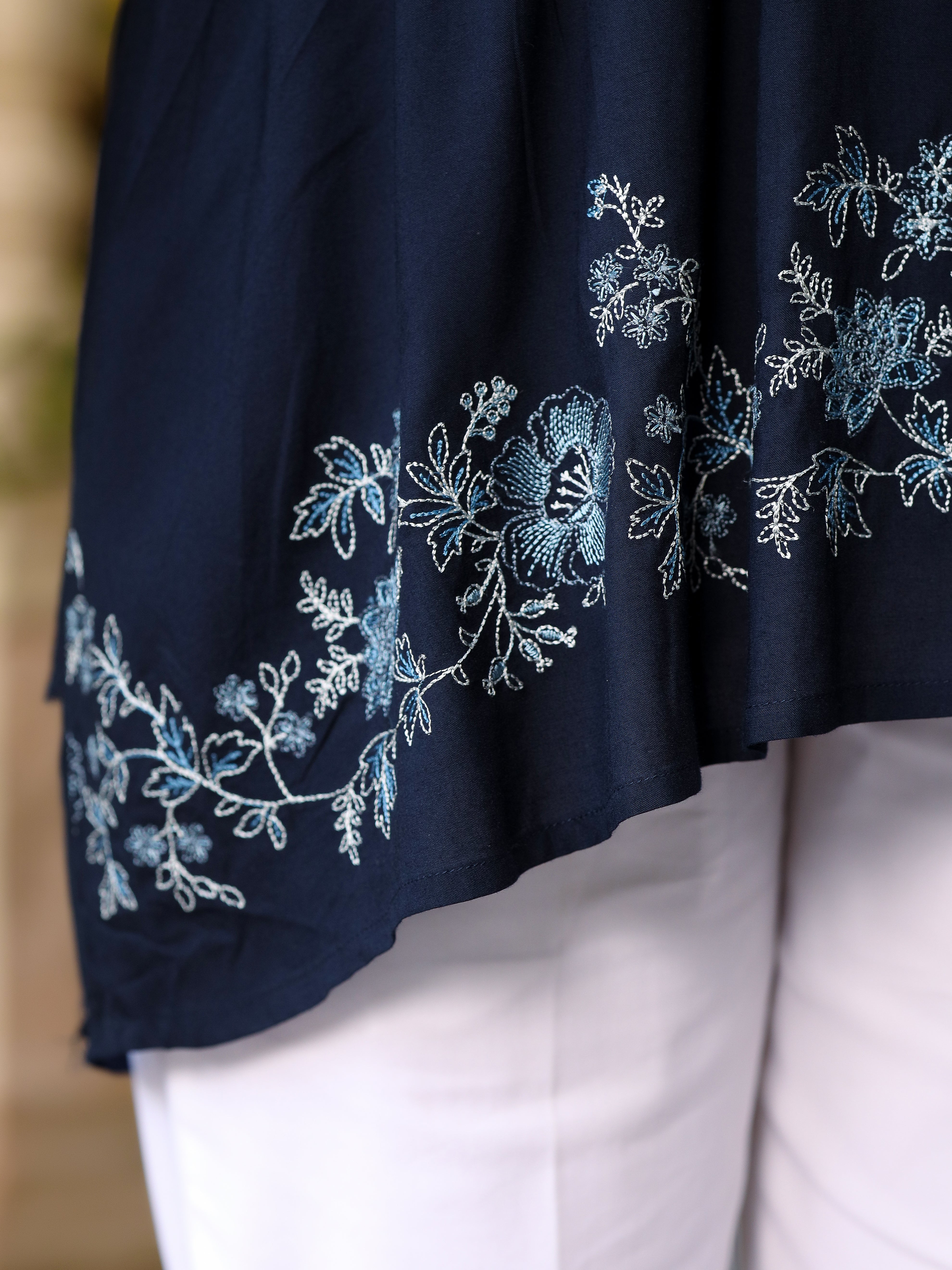 Juniper Navy Blue Modal Rayon Alia-Cut Embroidered Tunic