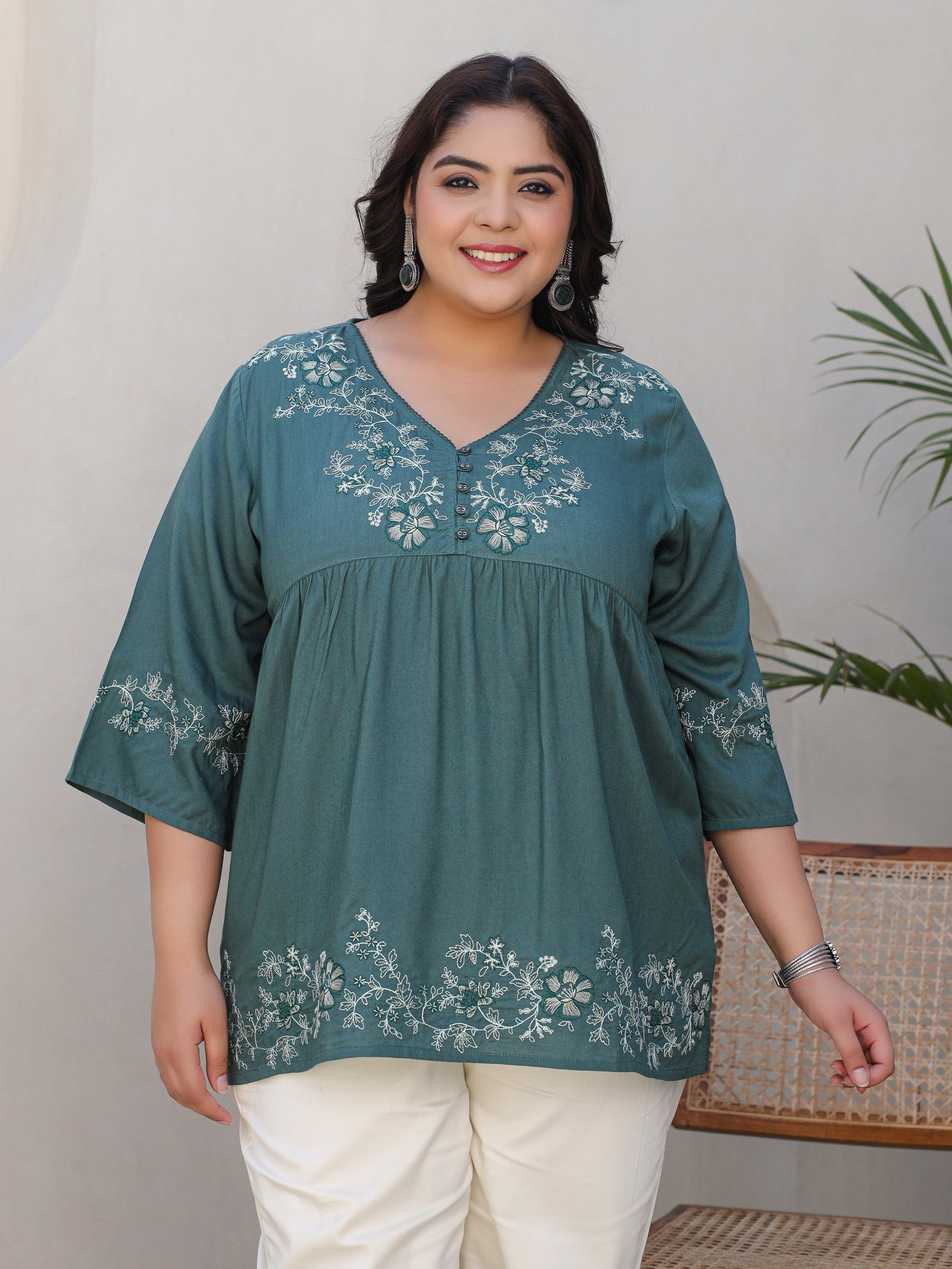 Juniper Green Modal Rayon Floral Embroidered Alia Cut Plus Size Tunic