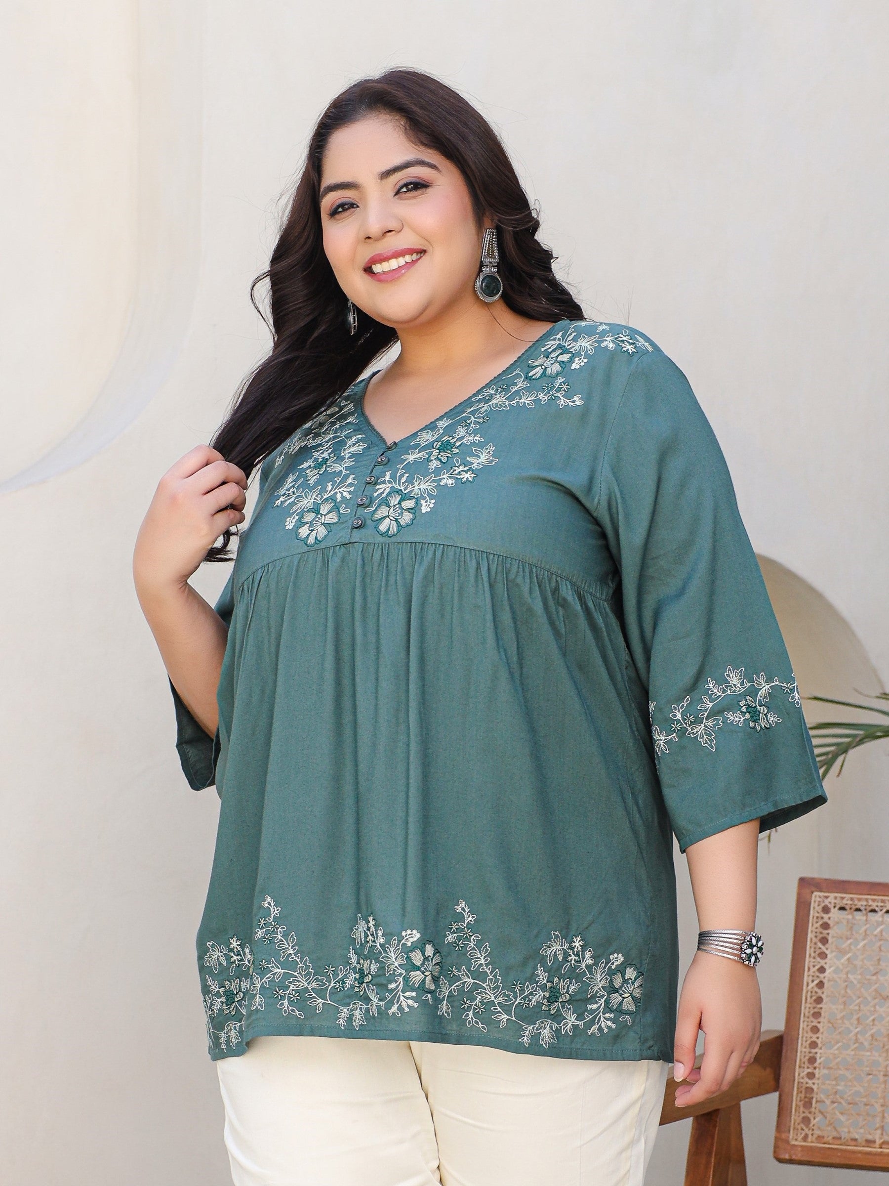 Juniper Green Modal Rayon Floral Embroidered Alia Cut Plus Size Tunic