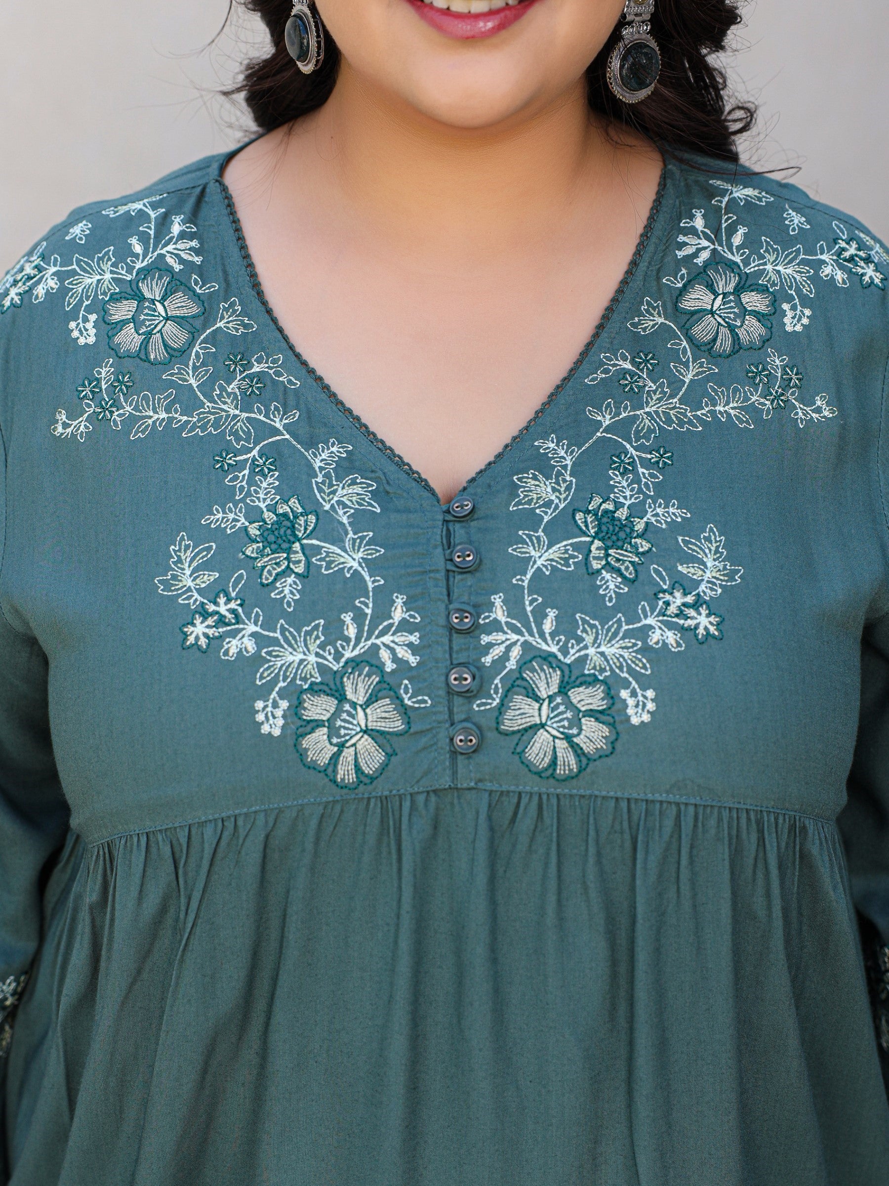 Juniper Green Modal Rayon Floral Embroidered Alia Cut Plus Size Tunic