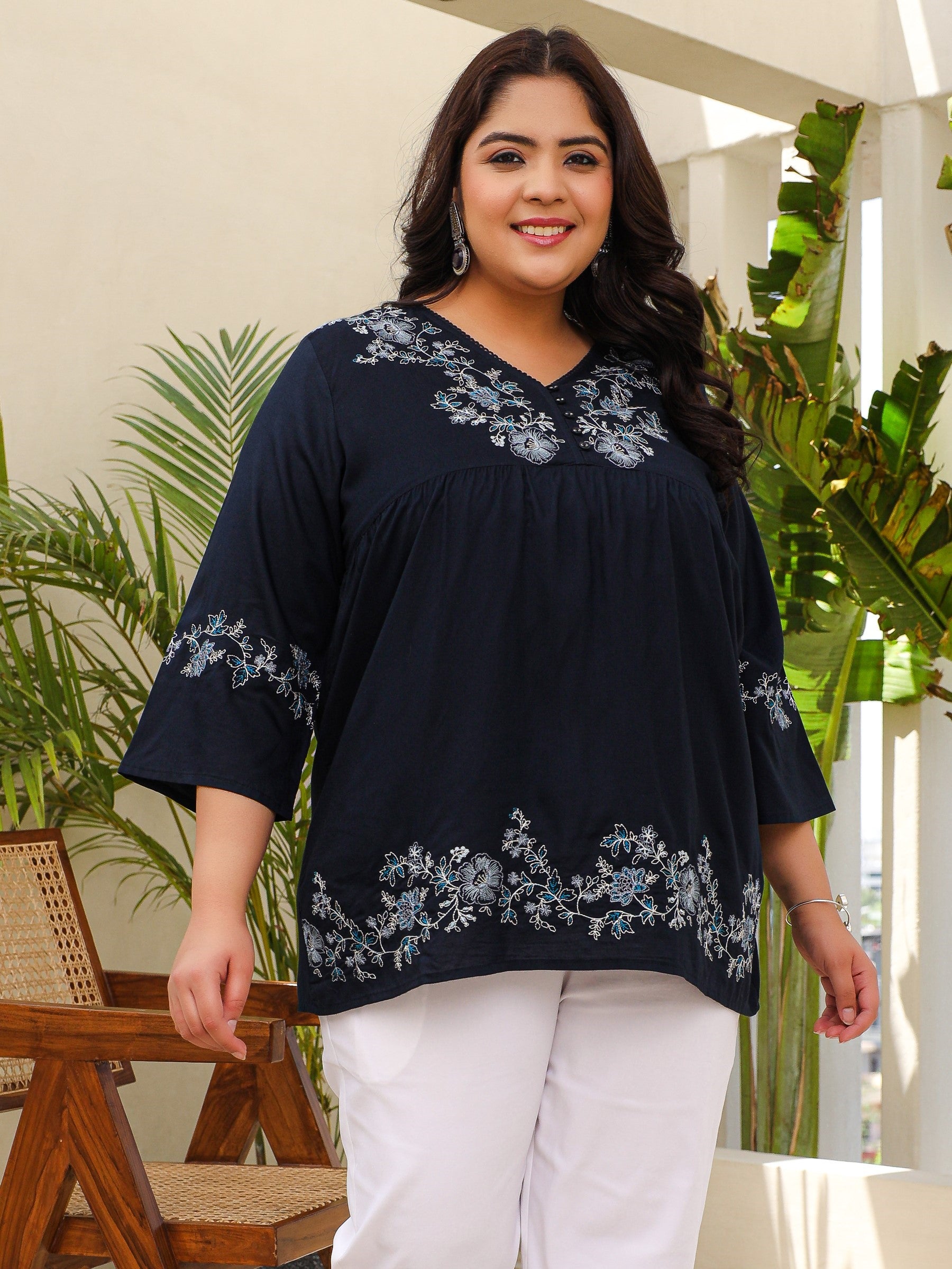 Juniper Navy Blue Modal Rayon Floral Embroidered Alia Cut Plus Size Tunic