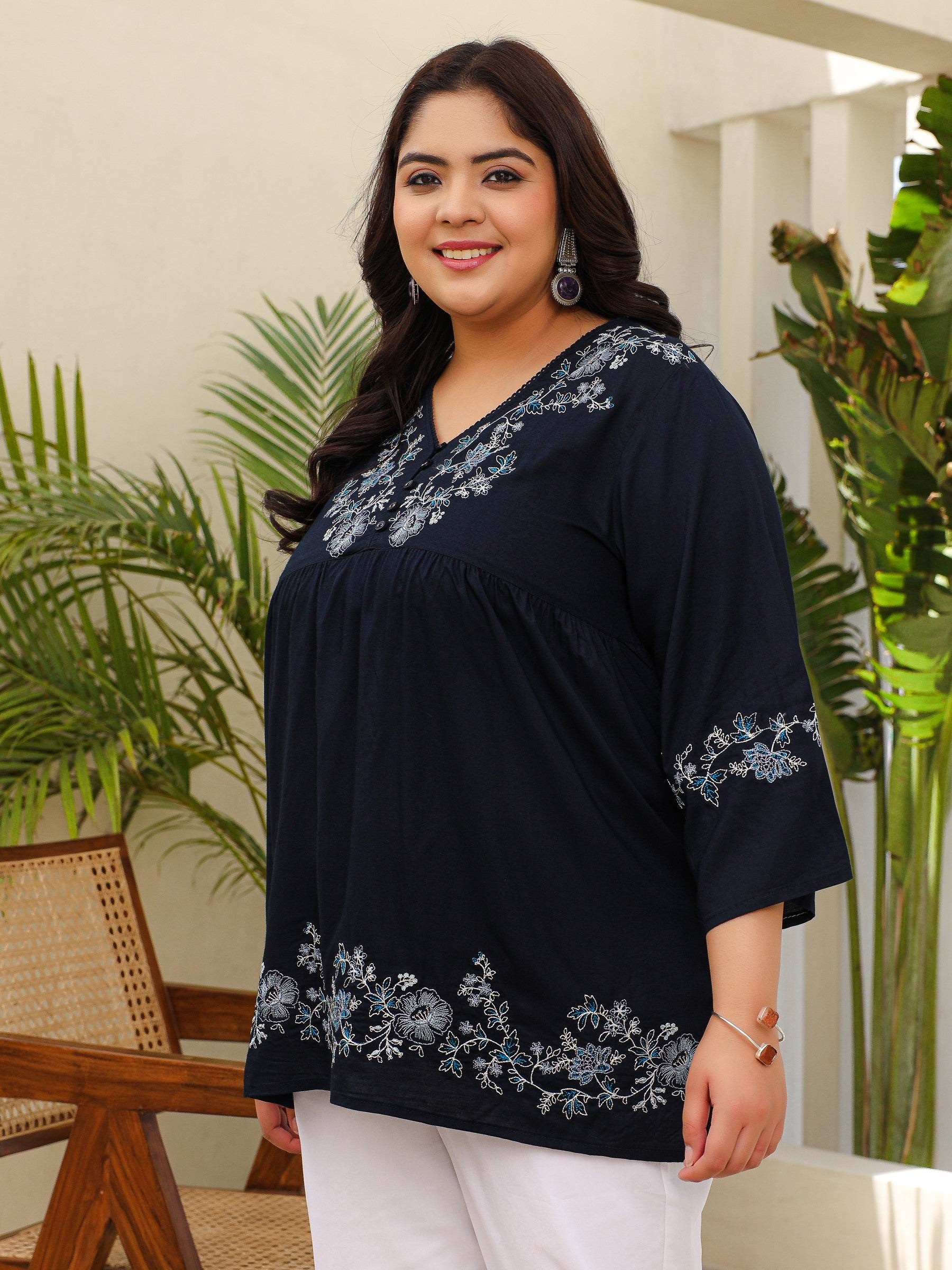 Juniper Navy Blue Modal Rayon Floral Embroidered Alia Cut Plus Size Tunic