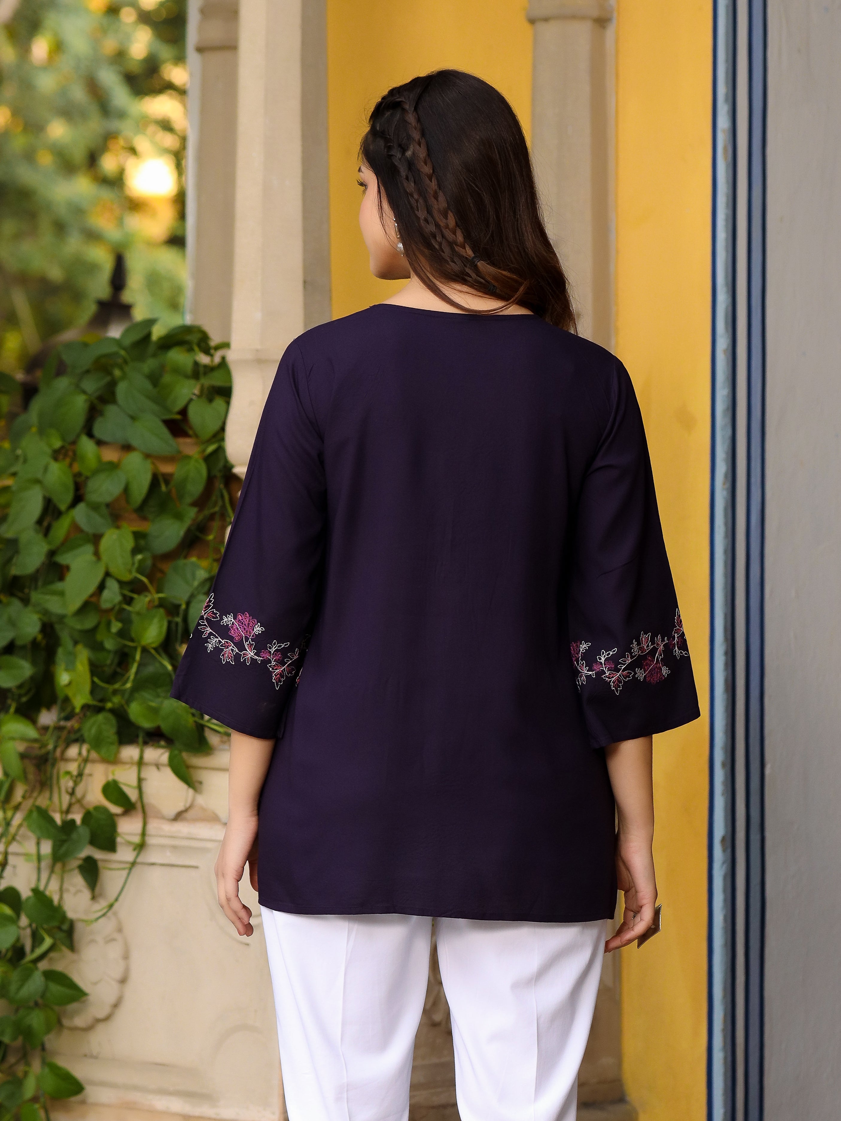 Juniper Purple Modal Rayon Alia-Cut Embroidered Tunic