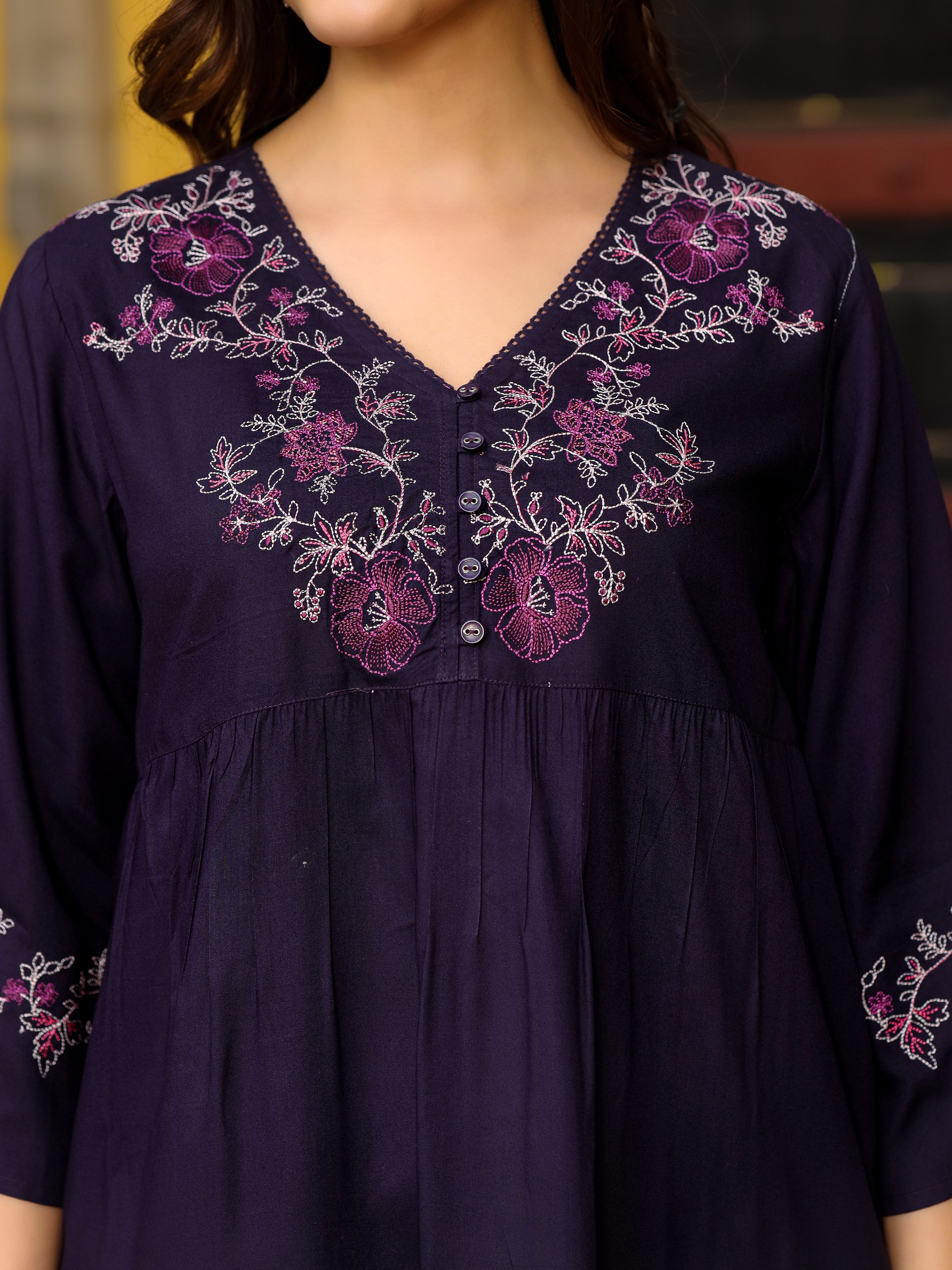 Juniper Purple Modal Rayon Alia-Cut Embroidered Tunic